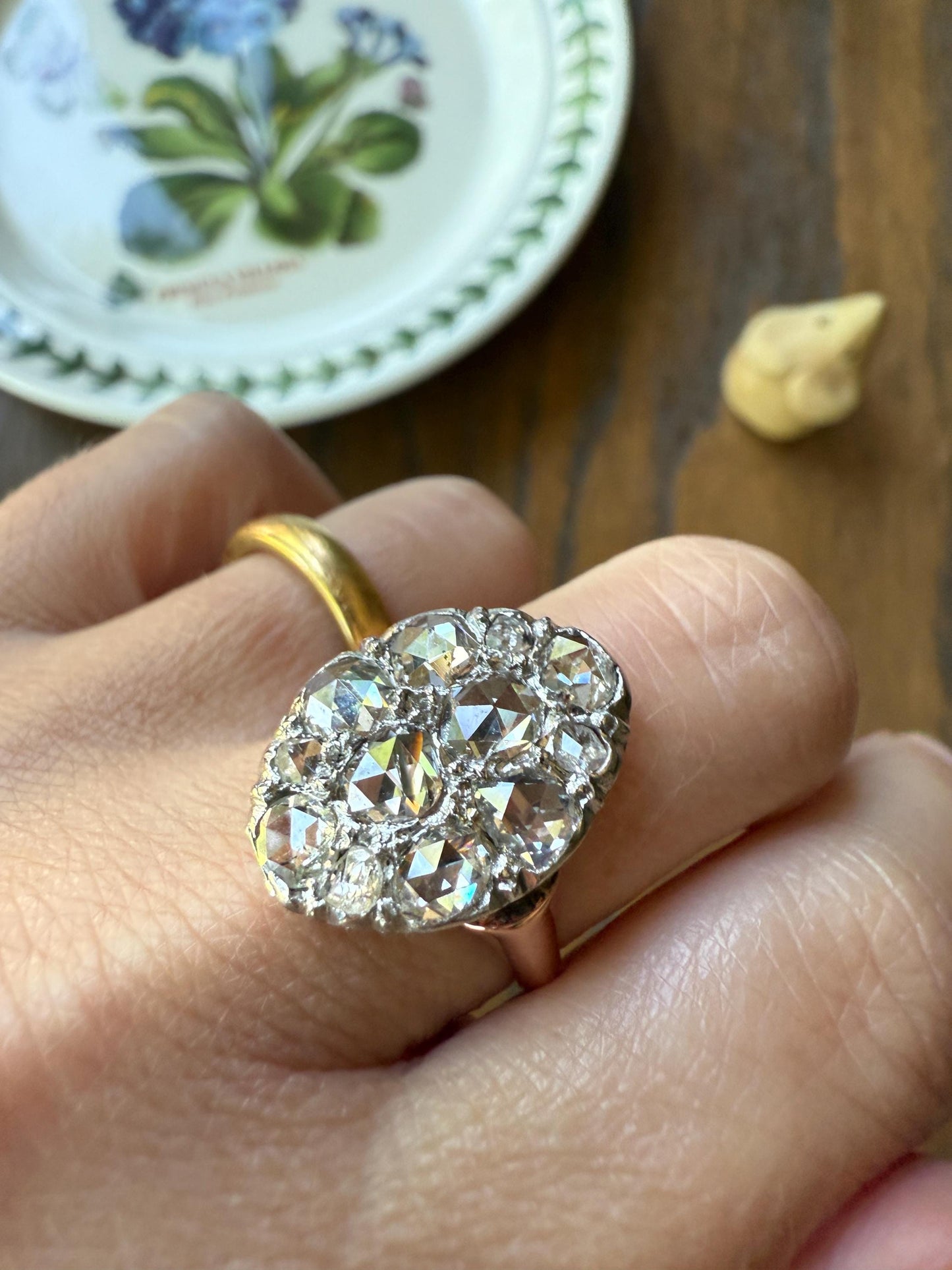 Extraordinary French Antique 3 Carat Scale Dutch Rose Cut DIAMOND 18k Gold Platinum Cluster Oval Stacker Rare Gift Bauble Fiery Disco Ball