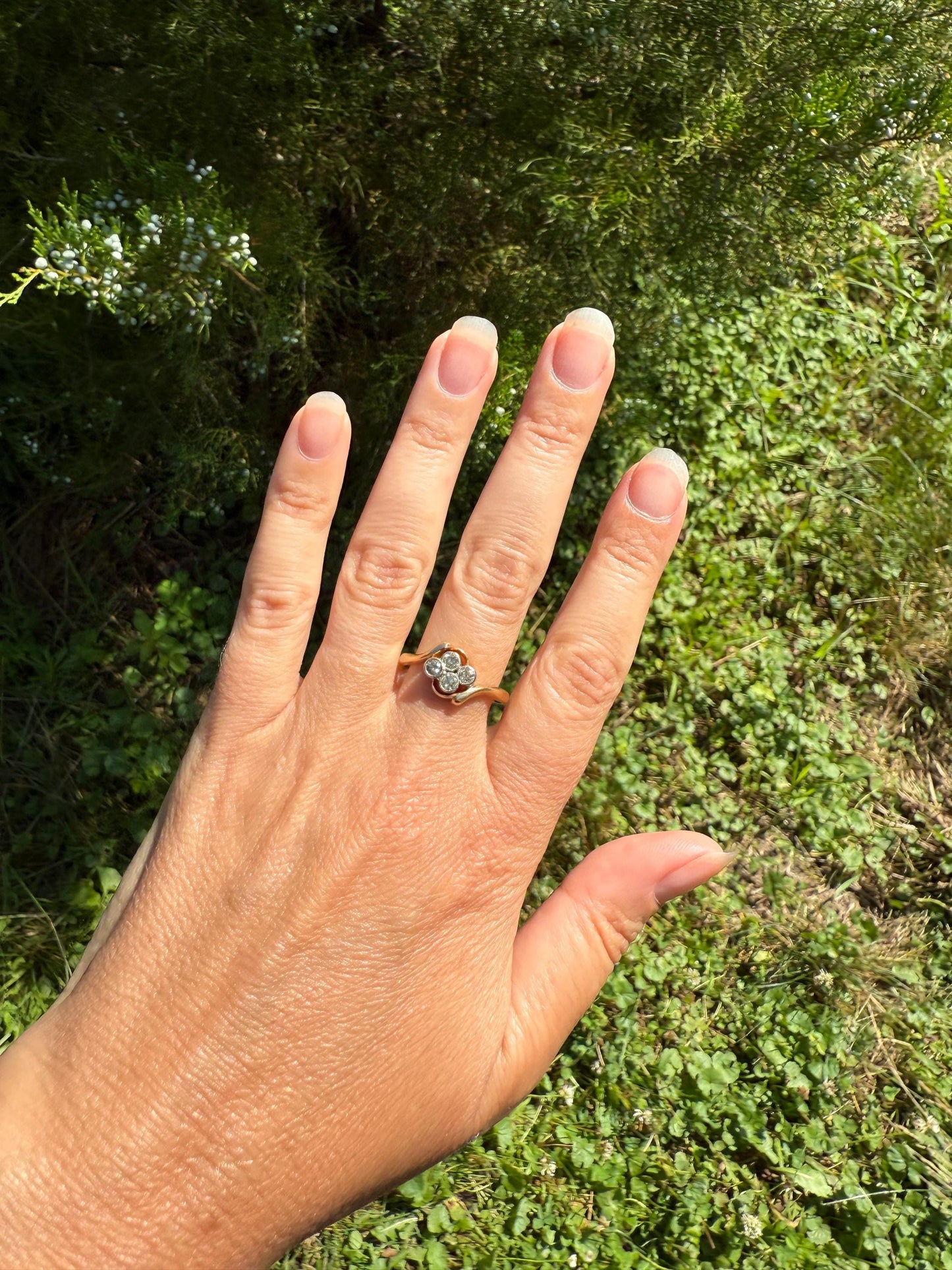 CHAMPAGNE Pale Yellow Light Brown Old Mine & Brilliant Cut Diamond Antique Quatrefoil Ring 18k Gold Ornate Bypass Swirl Four Stone Stacker