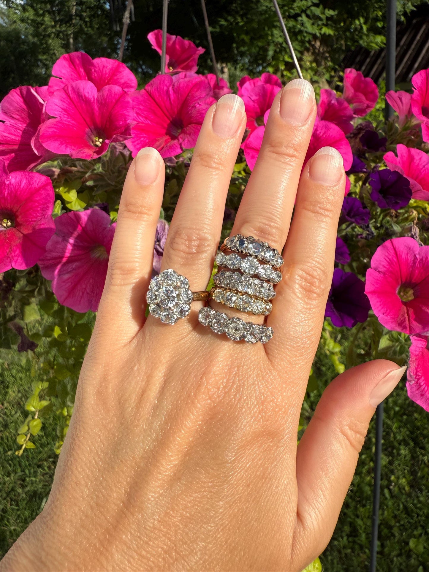 ANTIQUE Rose Cut DIAMOND Five Stone Band with Spacers Disco Ball Stacker Ring 14k Gold