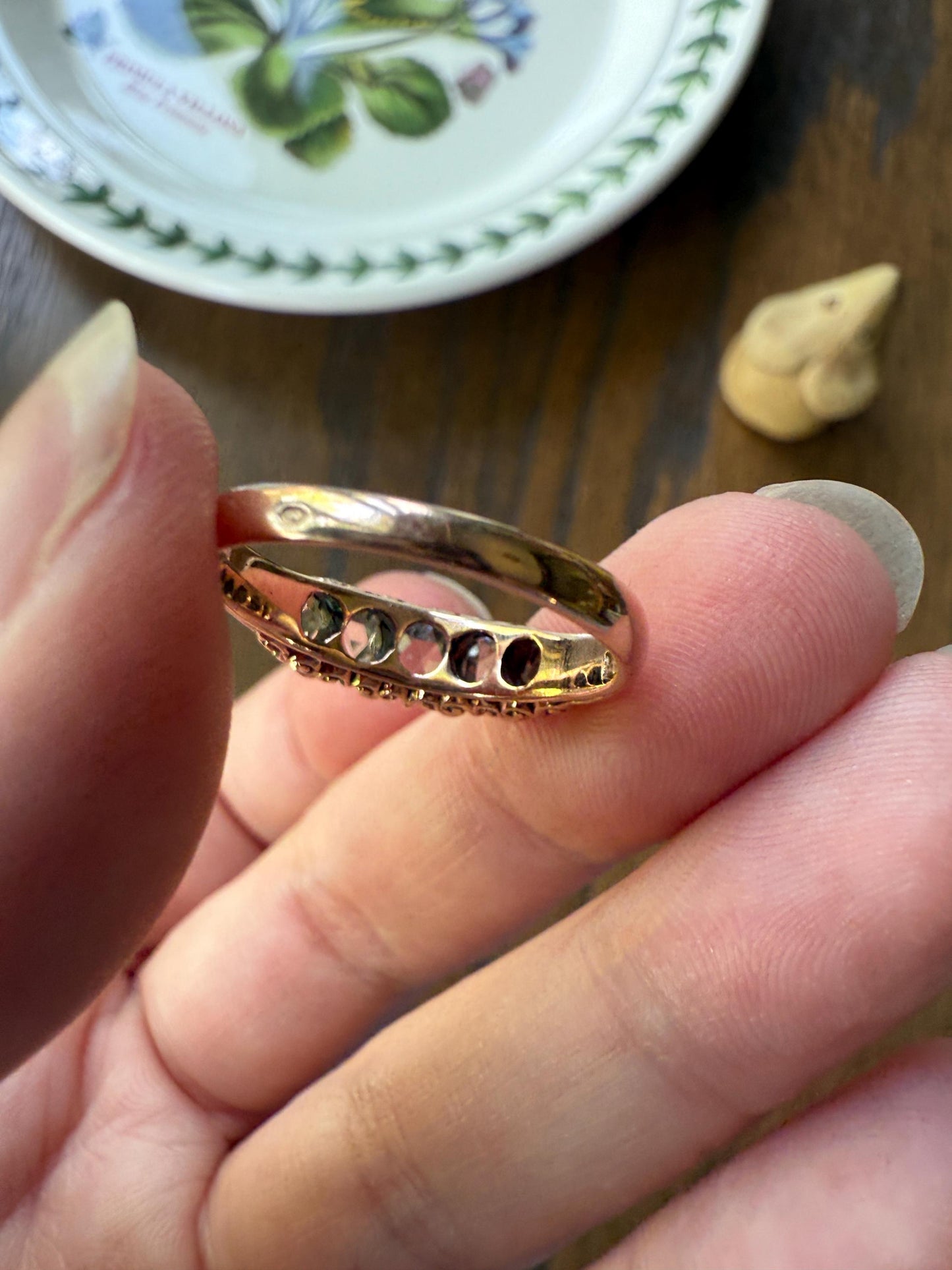 ANTIQUE Rose Cut DIAMOND Five Stone Band with Spacers Disco Ball Stacker Ring 14k Gold