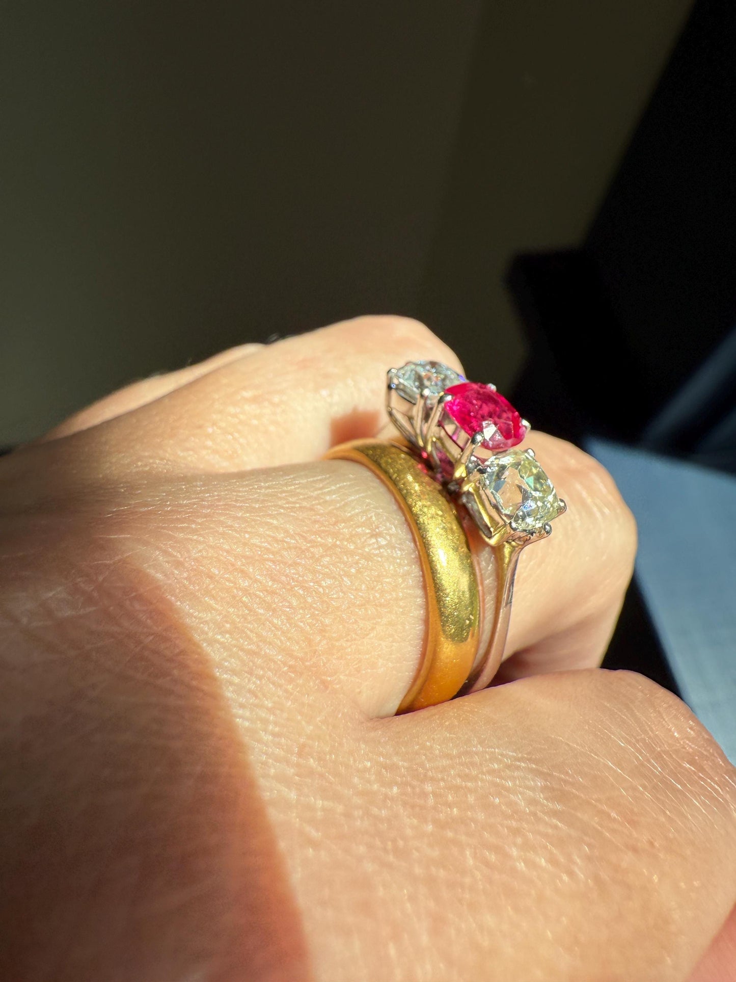 TALL Three Stone Square Old Mine Cut DIAMOND Natural Ruby 18k White Gold Ring Unique Stacker Setting Stackable Pinkish Red