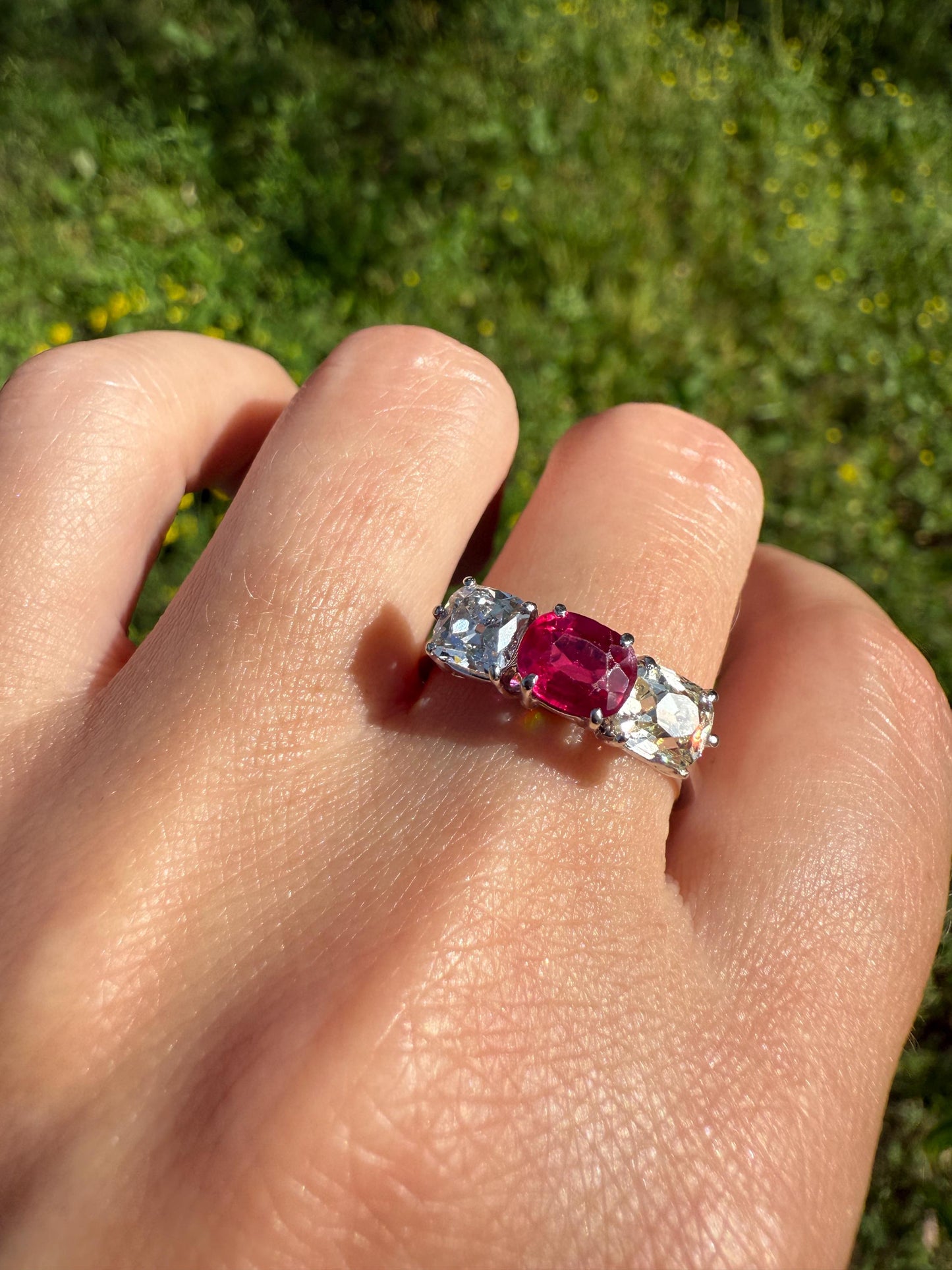 TALL Three Stone Square Old Mine Cut DIAMOND Natural Ruby 18k White Gold Ring Unique Stacker Setting Stackable Pinkish Red