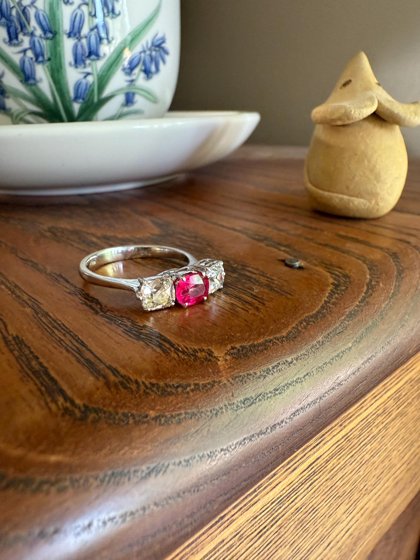 TALL Three Stone Square Old Mine Cut DIAMOND Natural Ruby 18k White Gold Ring Unique Stacker Setting Stackable Pinkish Red