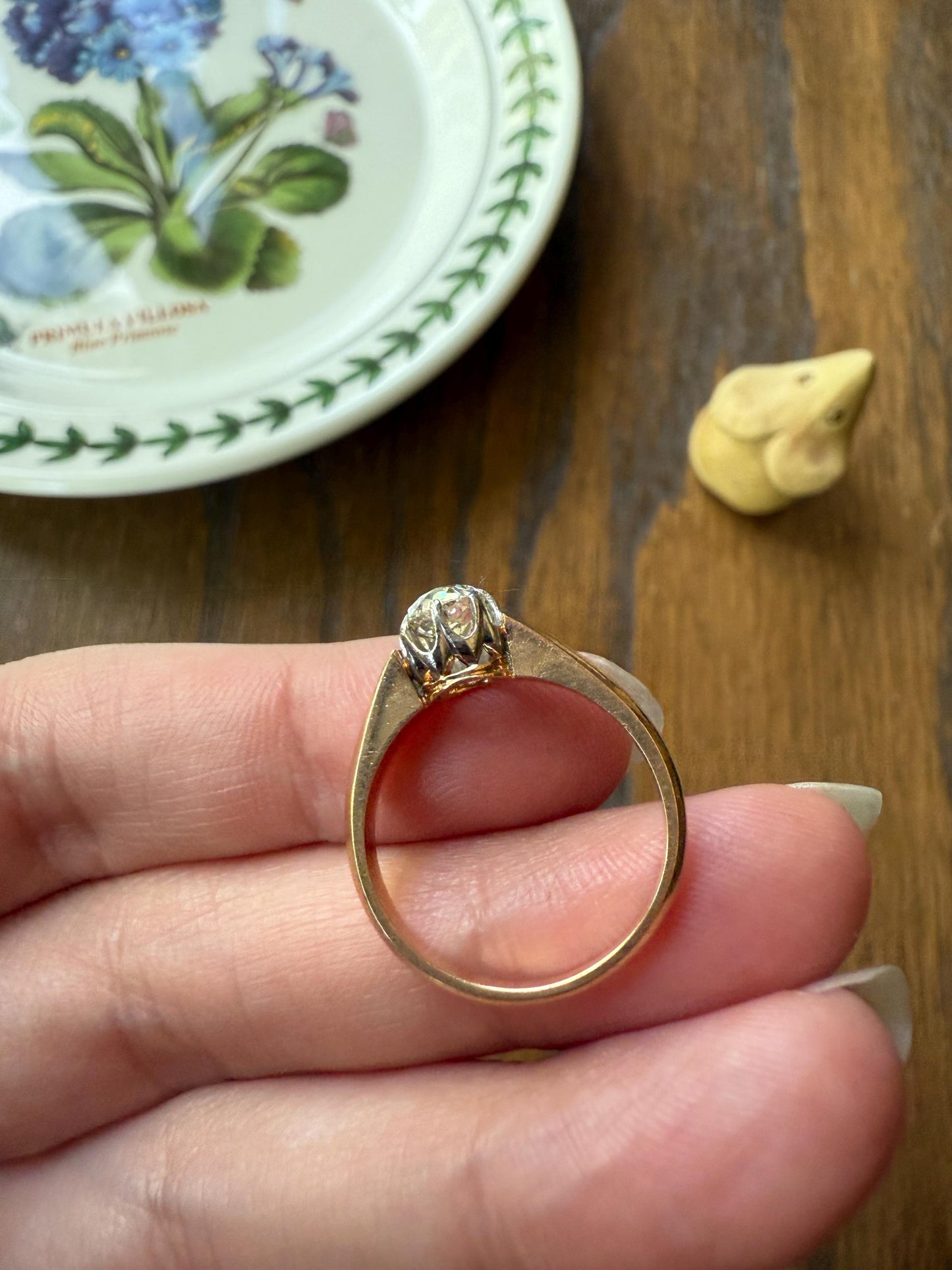 Classic Antique .75 Carat Eye Clean Old Mine Cut Diamond 18k Rosy Gold French Victorian Engagement Ring Solitaire Band Stacker