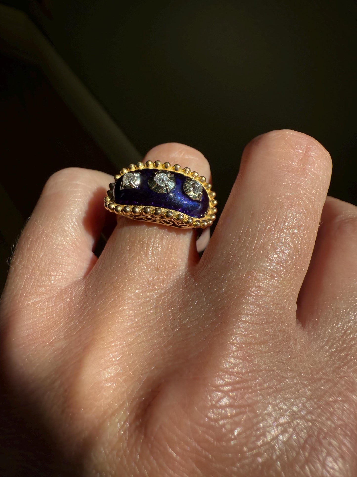 French Antique Bague Au Firmament Three Old Mine Cut Diamond Blue Enamel 18k Gold Ring of Heaven STAR Victorian Ornate Bead Rivet Halo OMC