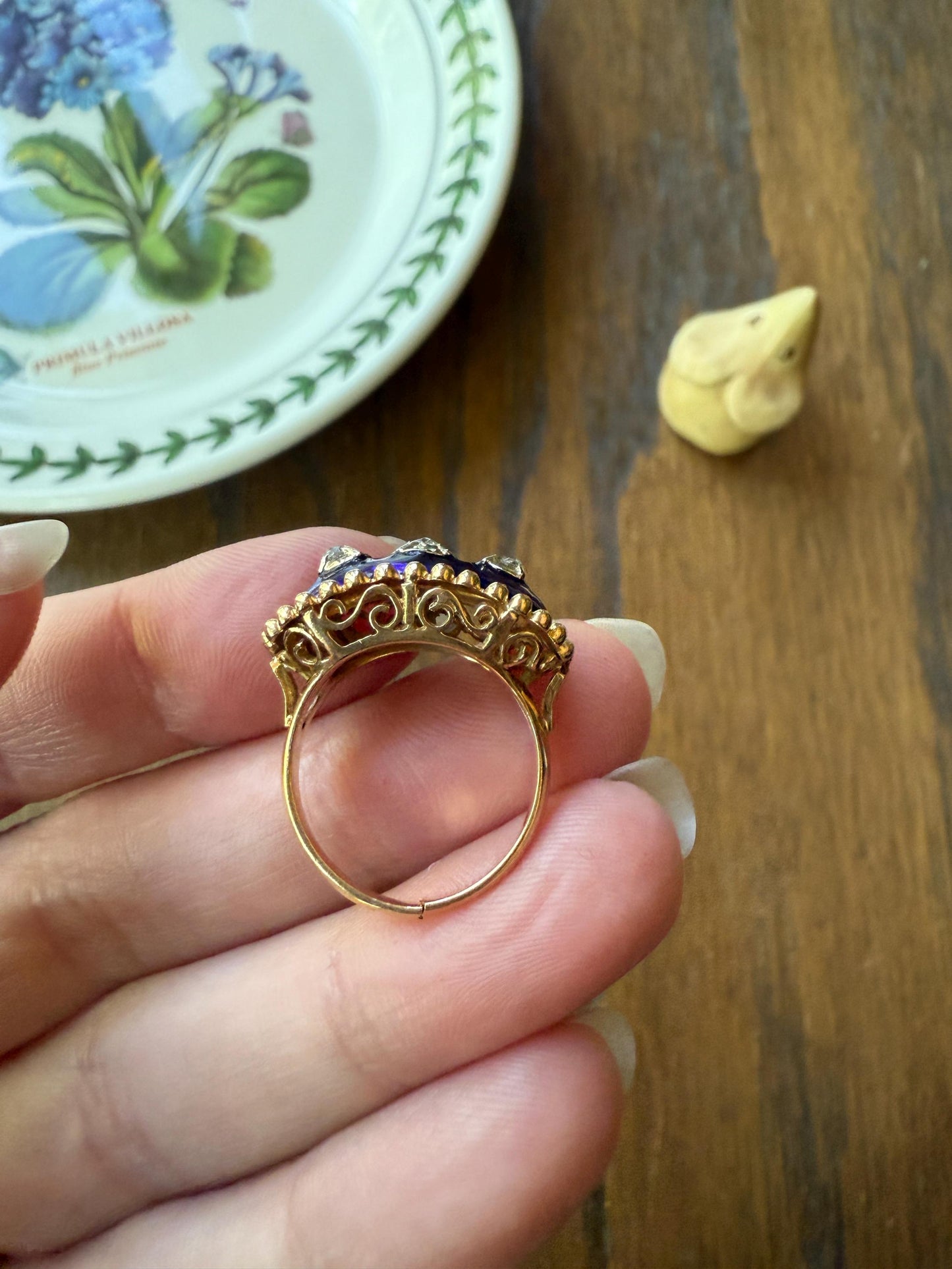 French Antique Bague Au Firmament Three Old Mine Cut Diamond Blue Enamel 18k Gold Ring of Heaven STAR Victorian Ornate Bead Rivet Halo OMC