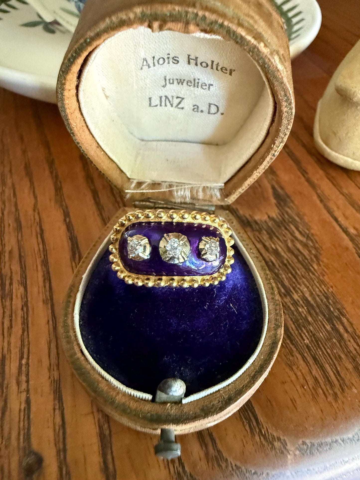 French Antique Bague Au Firmament Three Old Mine Cut Diamond Blue Enamel 18k Gold Ring of Heaven STAR Victorian Ornate Bead Rivet Halo OMC