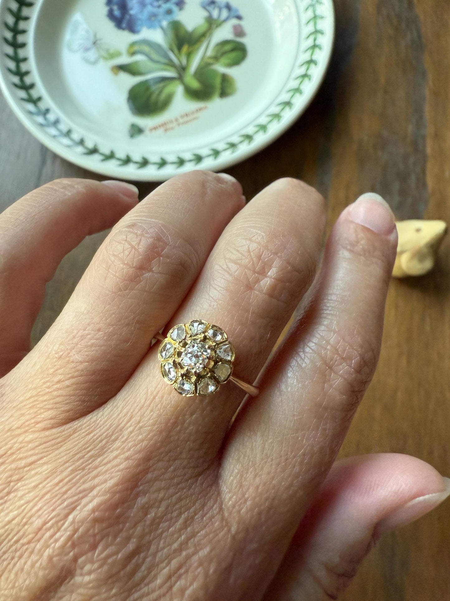 CLUSTER Ring Old Mine Cut Rose Cut DIAMOND Daisy Floral French Victorian Antique 18k Gold Ring Tall Stacker Band Belle Epoque Gift OMC