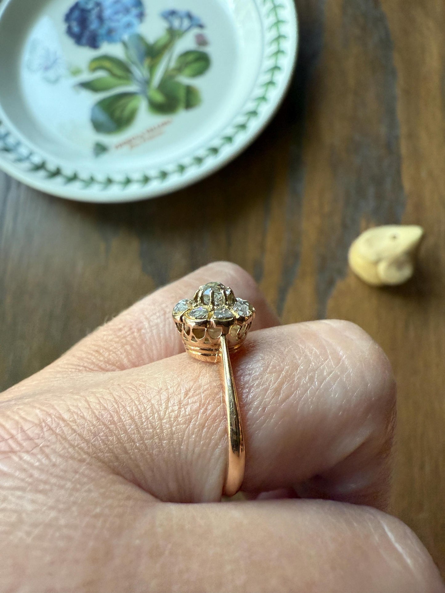 CLUSTER Ring Old Mine Cut Rose Cut DIAMOND Daisy Floral French Victorian Antique 18k Gold Ring Tall Stacker Band Belle Epoque Gift OMC