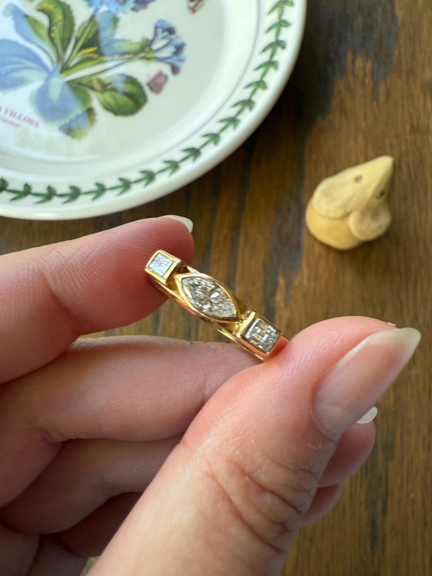 Chunky Geometric Three Stone DIAMOND Vintage Wide Band .8 Carat Marquise & Rectangular Step Cut Ring 18k Gold Stacker Bezel Set .8Ctw