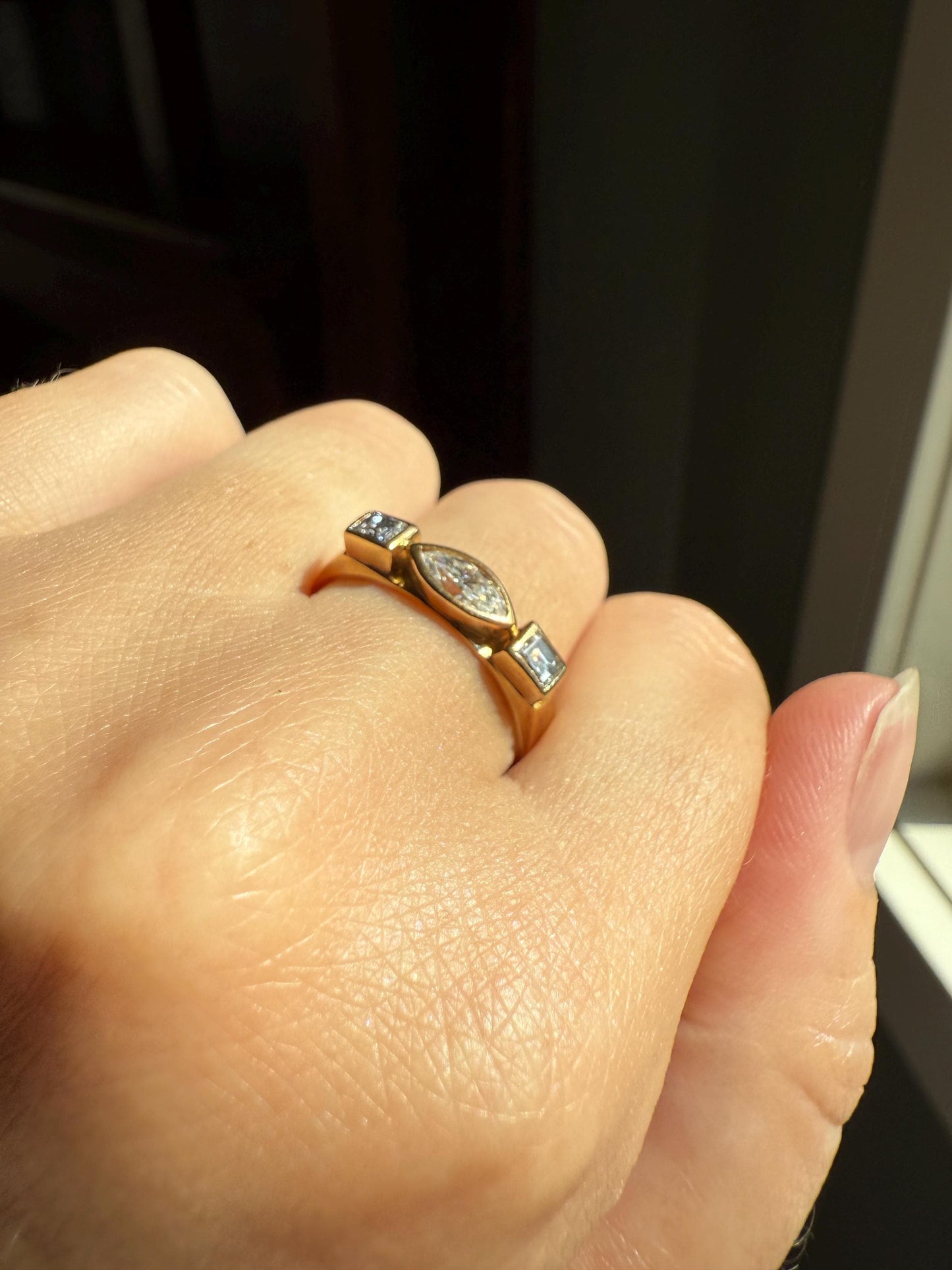 Chunky Geometric Three Stone DIAMOND Vintage Wide Band .8 Carat Marquise & Rectangular Step Cut Ring 18k Gold Stacker Bezel Set .8Ctw