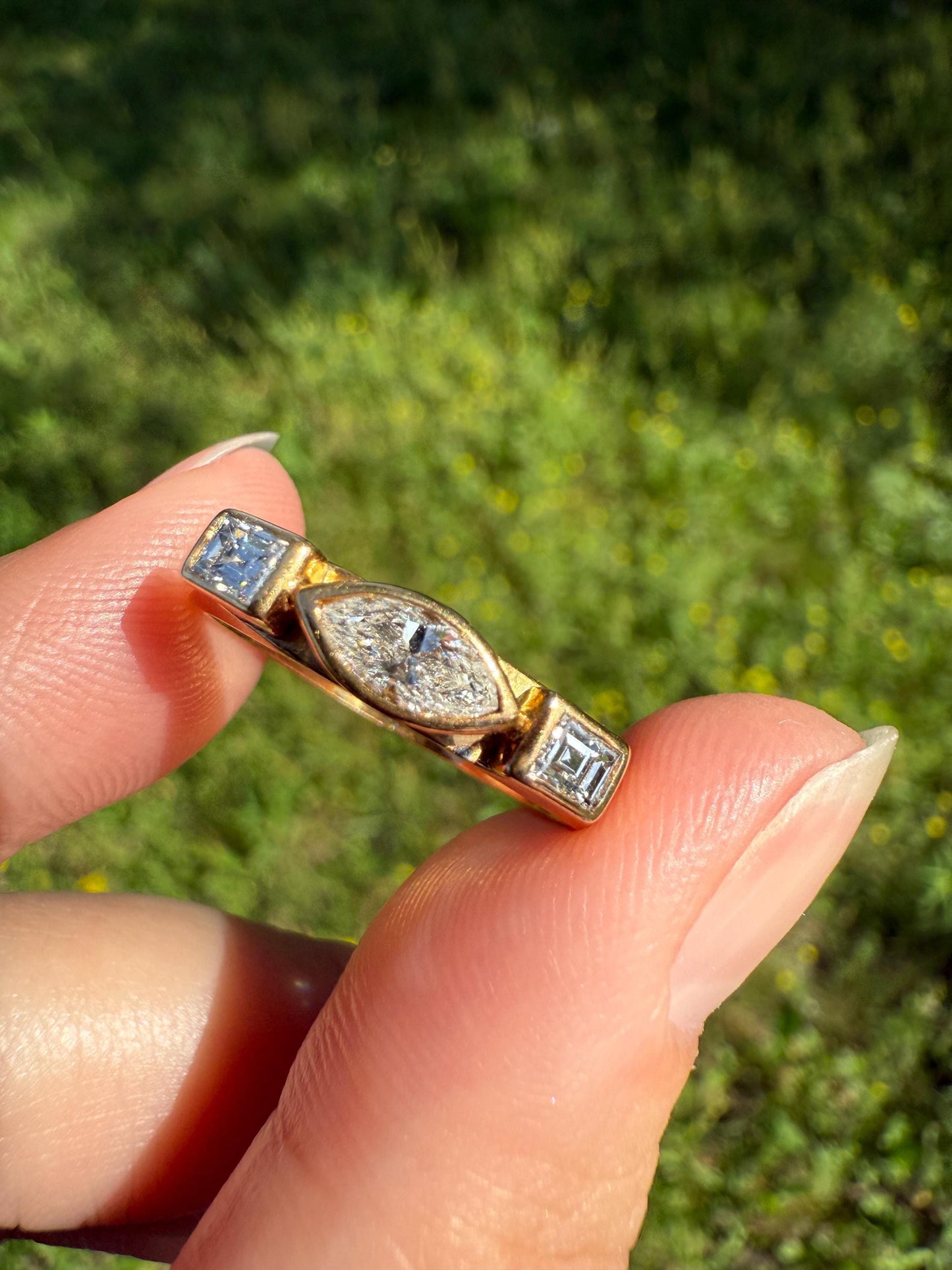 Chunky Geometric Three Stone DIAMOND Vintage Wide Band .8 Carat Marquise & Rectangular Step Cut Ring 18k Gold Stacker Bezel Set .8Ctw
