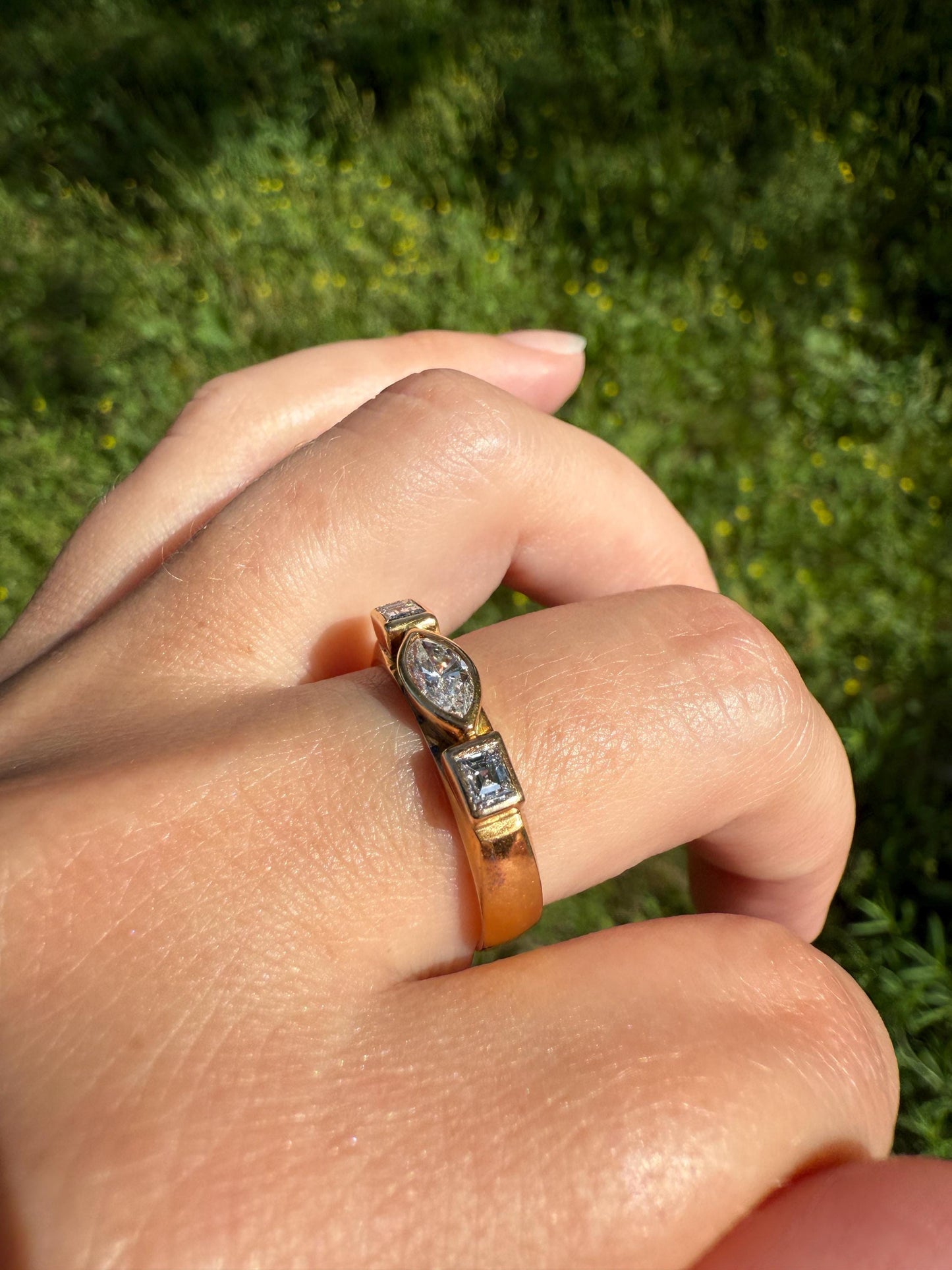 Chunky Geometric Three Stone DIAMOND Vintage Wide Band .8 Carat Marquise & Rectangular Step Cut Ring 18k Gold Stacker Bezel Set .8Ctw