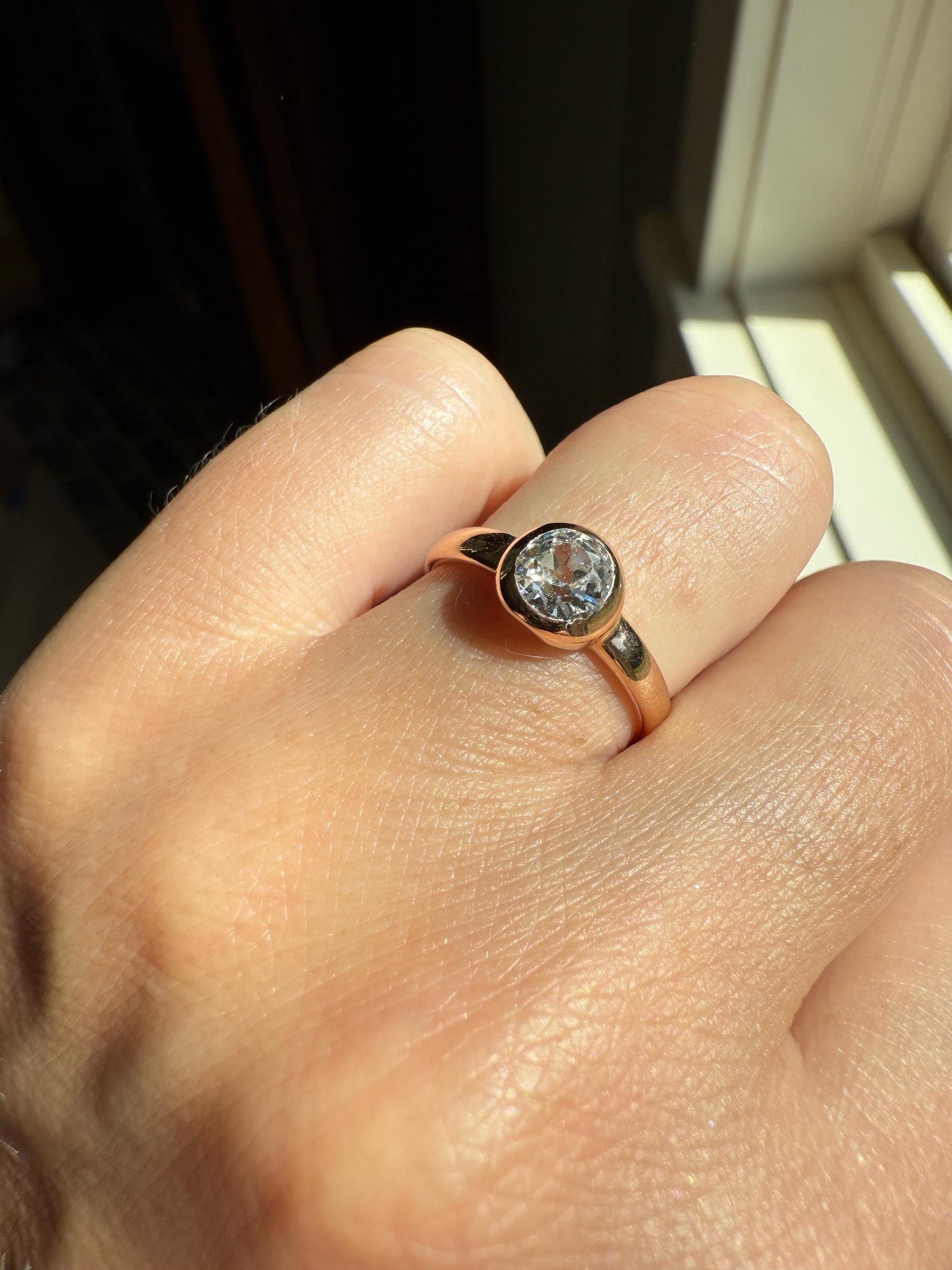 Eye Clean Antique Old Mine Cut DIAMOND Bright White Solitaire in Vintage Bezel Setting 18k Rose Gold Chunky Stacker Minimalist Engagement