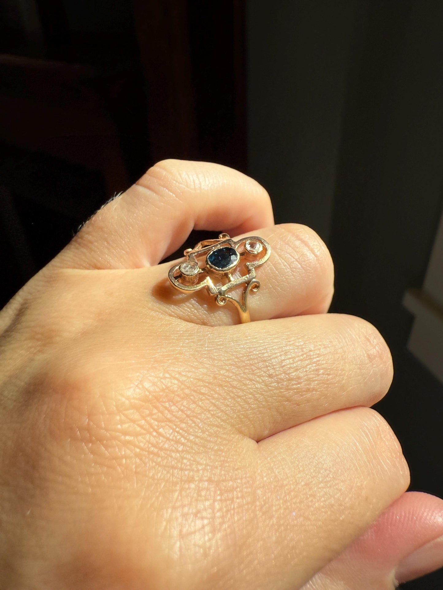 SHIELD Antique Natural Sapphire Rose Cut DIAMOND Open Work Ring 12k Gold Early 1900s Blue Geometric Stacker Unique Gift