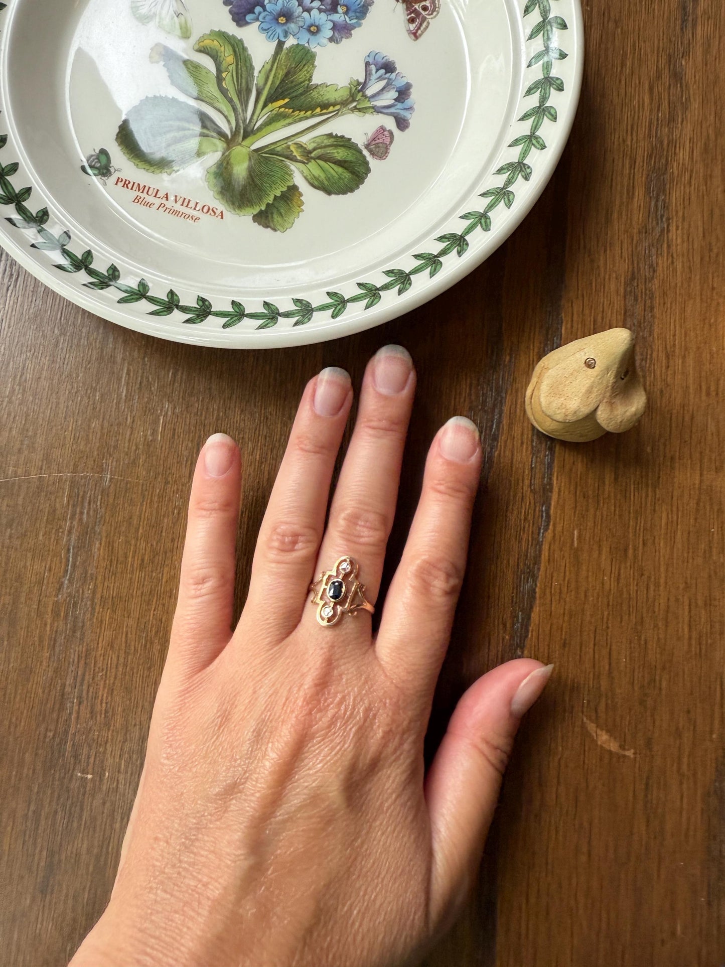 SHIELD Antique Natural Sapphire Rose Cut DIAMOND Open Work Ring 12k Gold Early 1900s Blue Geometric Stacker Unique Gift