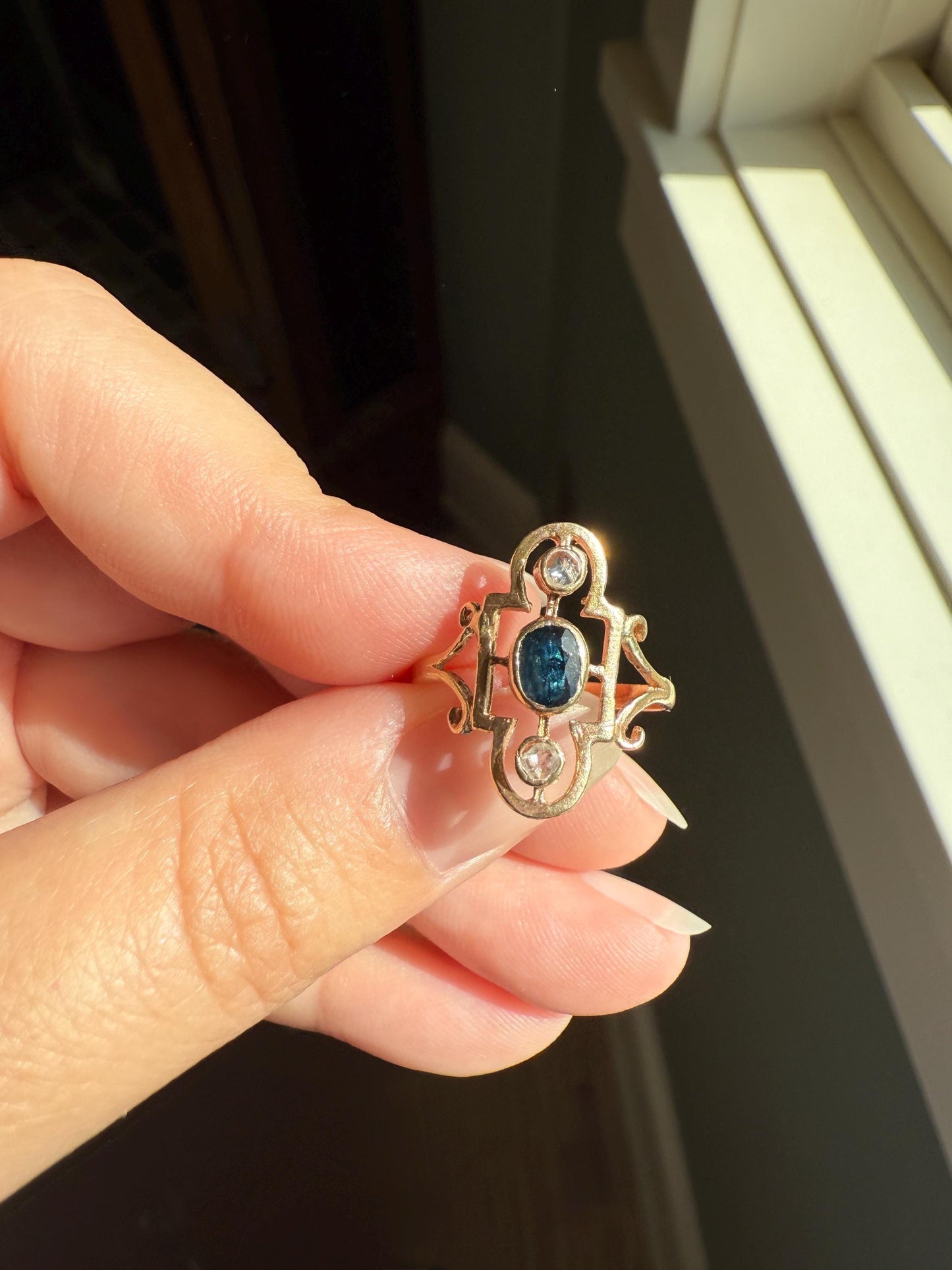 SHIELD Antique Natural Sapphire Rose Cut DIAMOND Open Work Ring 12k Gold Early 1900s Blue Geometric Stacker Unique Gift