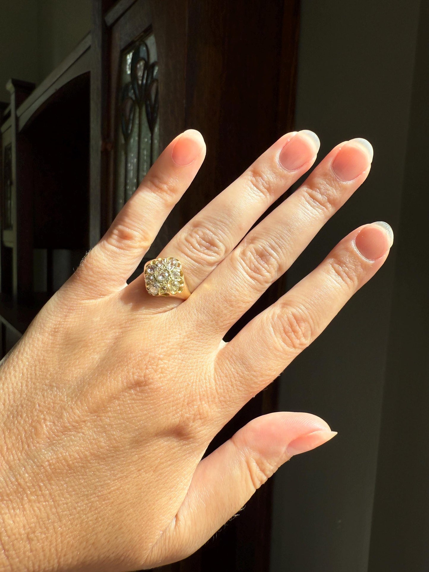 CHUNKY 1.2 Carat Old Mine Cut DIAMOND Cluster Ring 15k Gold Delicious Pale Yellow Nine Stone Cruciform Halo Belcher Buttercup 1.2Ctw OMC