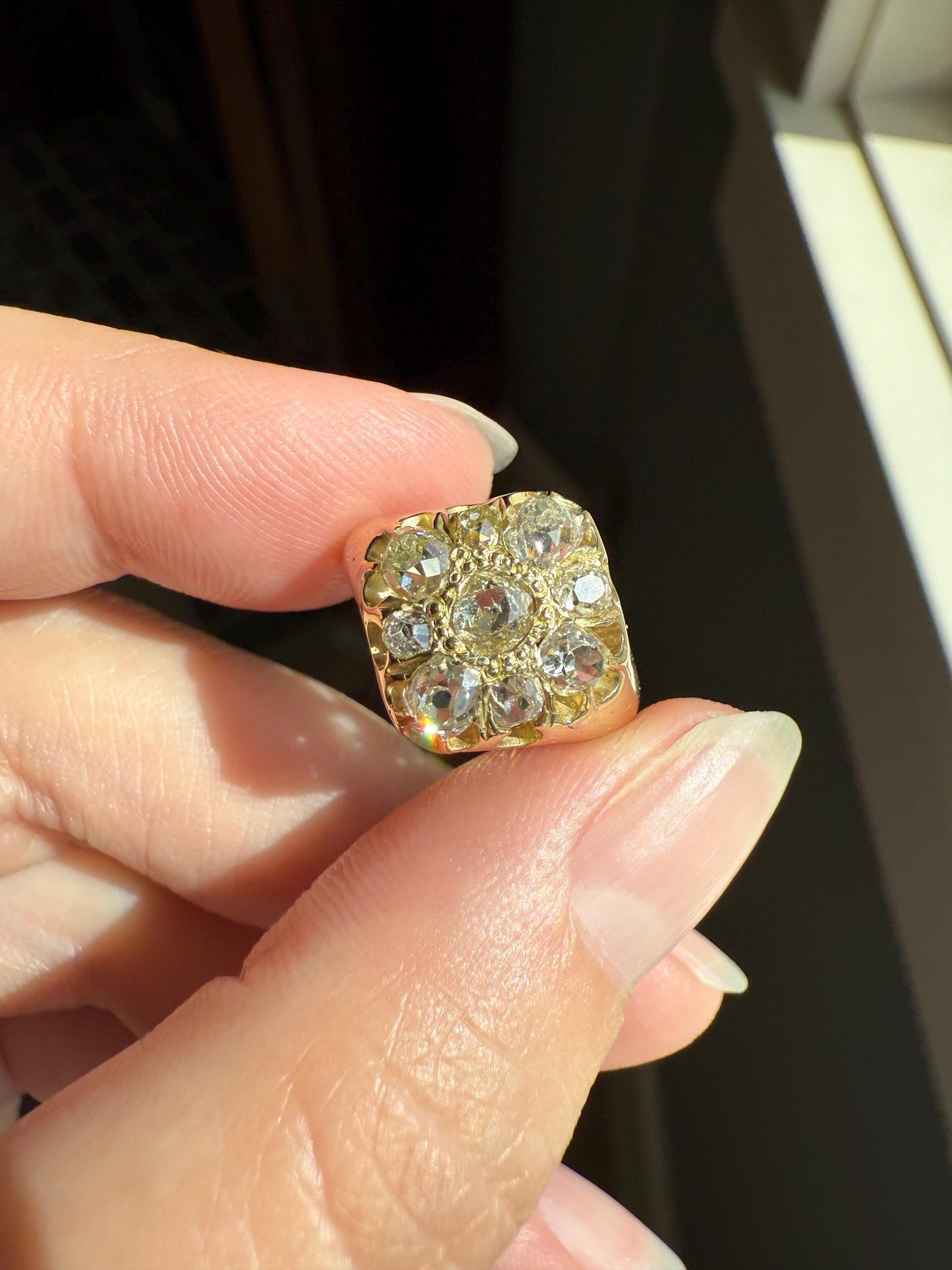 CHUNKY 1.2 Carat Old Mine Cut DIAMOND Cluster Ring 15k Gold Delicious Pale Yellow Nine Stone Cruciform Halo Belcher Buttercup 1.2Ctw OMC
