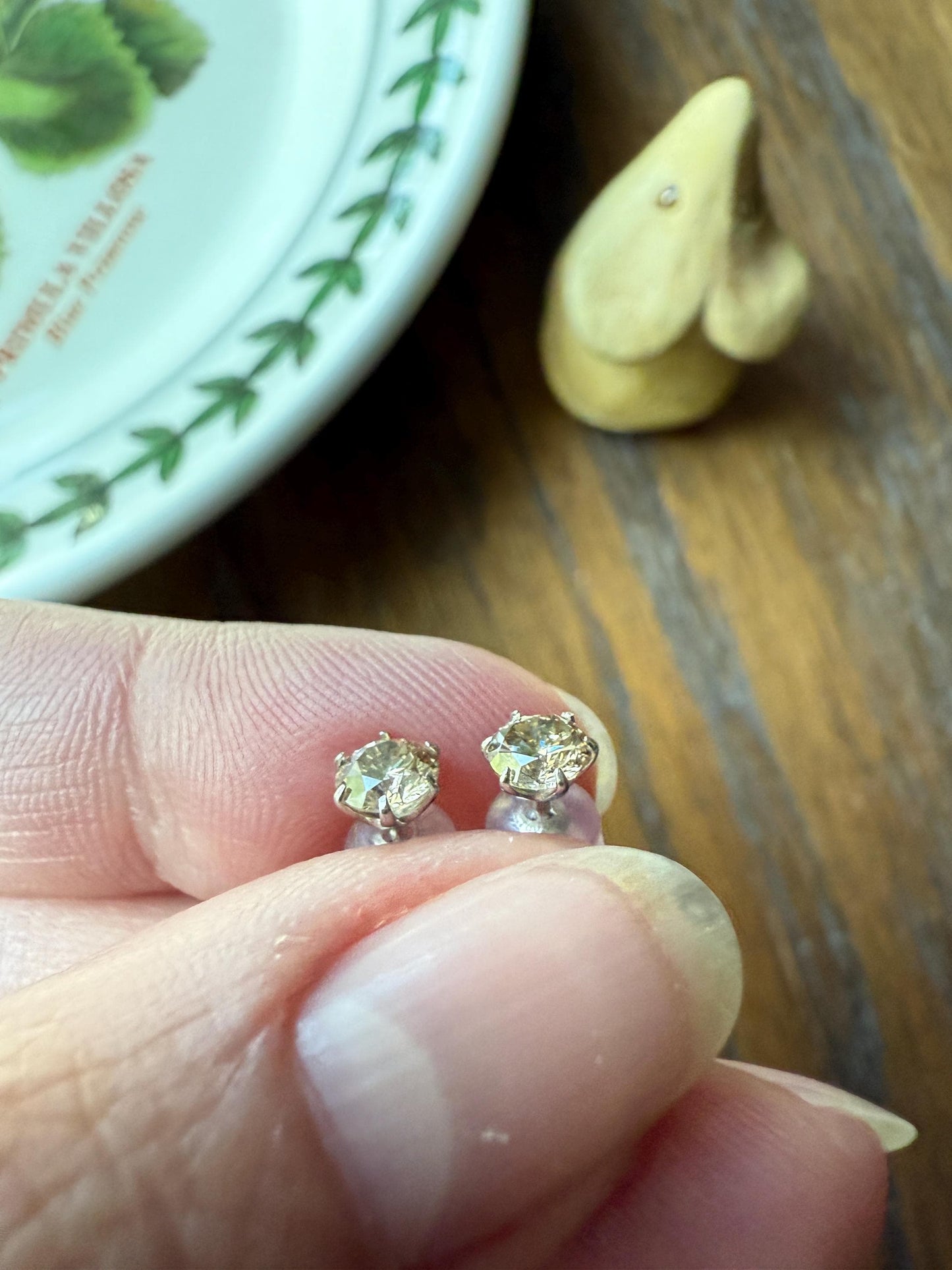 FIERY Vintage 0.6 Carat Tdw Champagne DIAMOND Stud Earrings French 18k White Gold Romantic Gift Earstack .3 Each Daily Wearers Minimalist