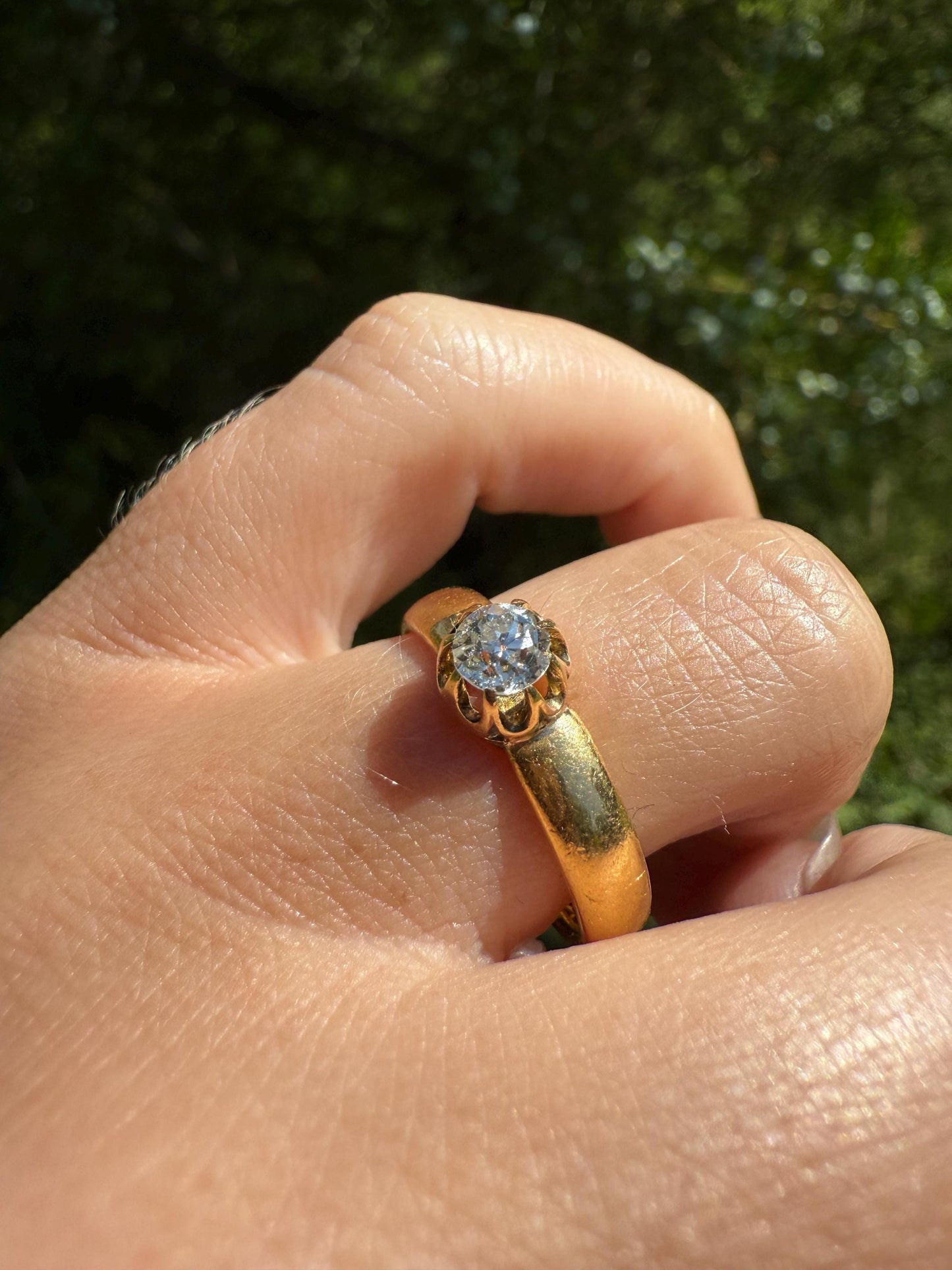 Chunky Antique .36 Carat Eye Clean Old Mine Cut Diamond 22k Gold Edwardian Comfort Fit Wedding Band Engagement Ring Solitaire Stacker OMC