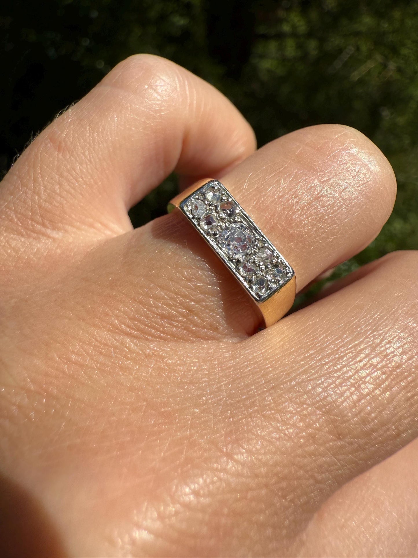 Old Mine Rose Cut DIAMOND 1Ctw French Antique Grid Ring Platform Nine Stone Sturdy 18k Gold Platinum Chunky Signet Stacker Gift