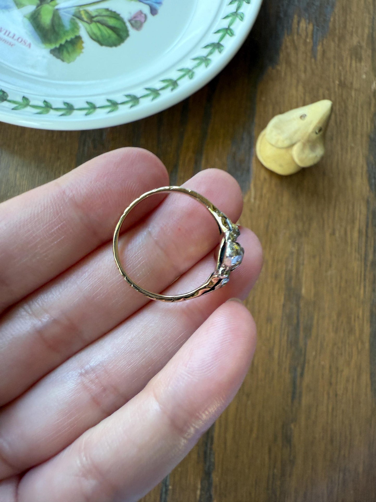Cruciform PEAR Domed Triangular Rose Cut DIAMOND Ring Victorian Antique 14k Gold Silver Collets Georgian Revival Embossed Shank