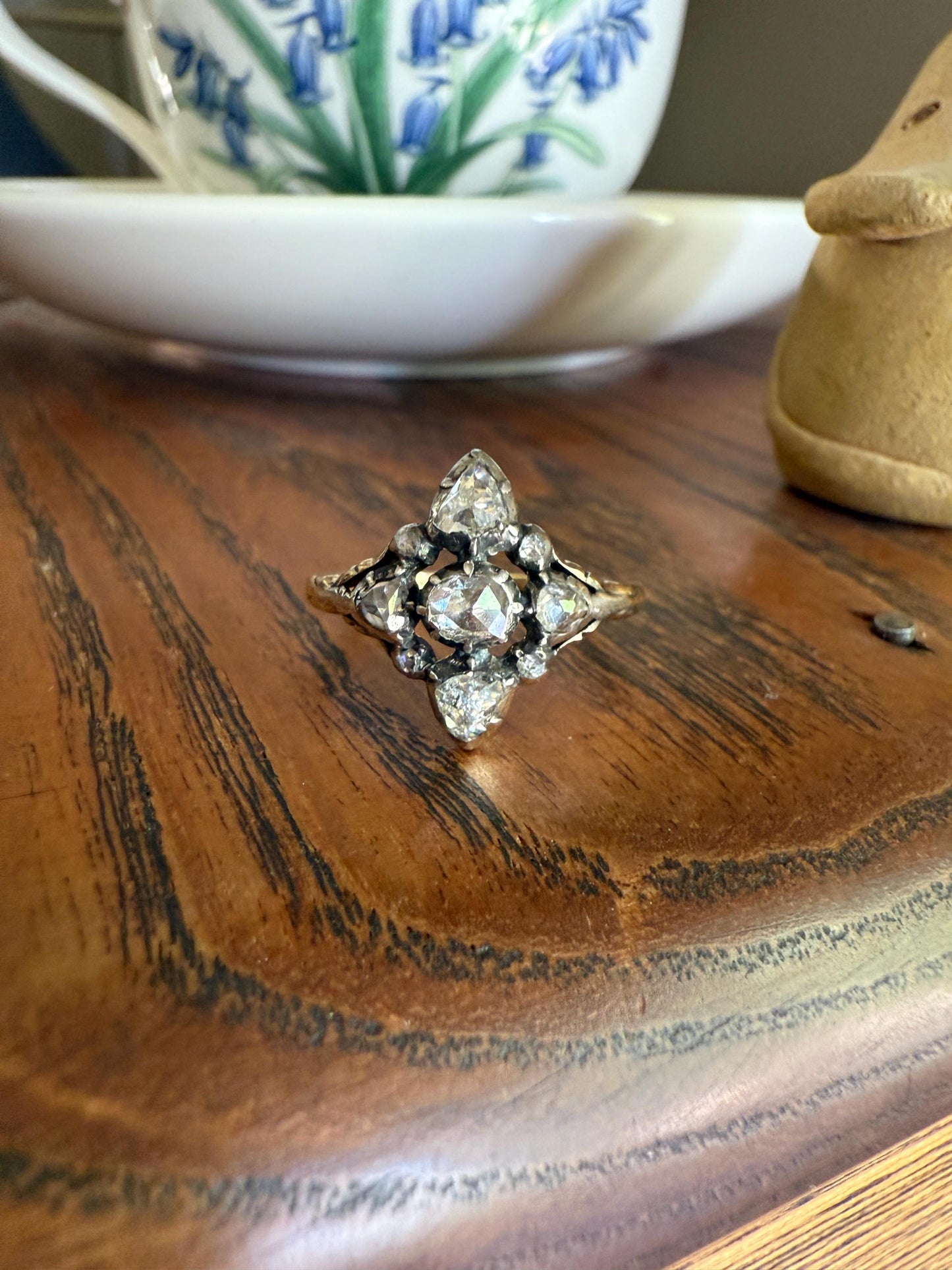 Cruciform PEAR Domed Triangular Rose Cut DIAMOND Ring Victorian Antique 14k Gold Silver Collets Georgian Revival Embossed Shank