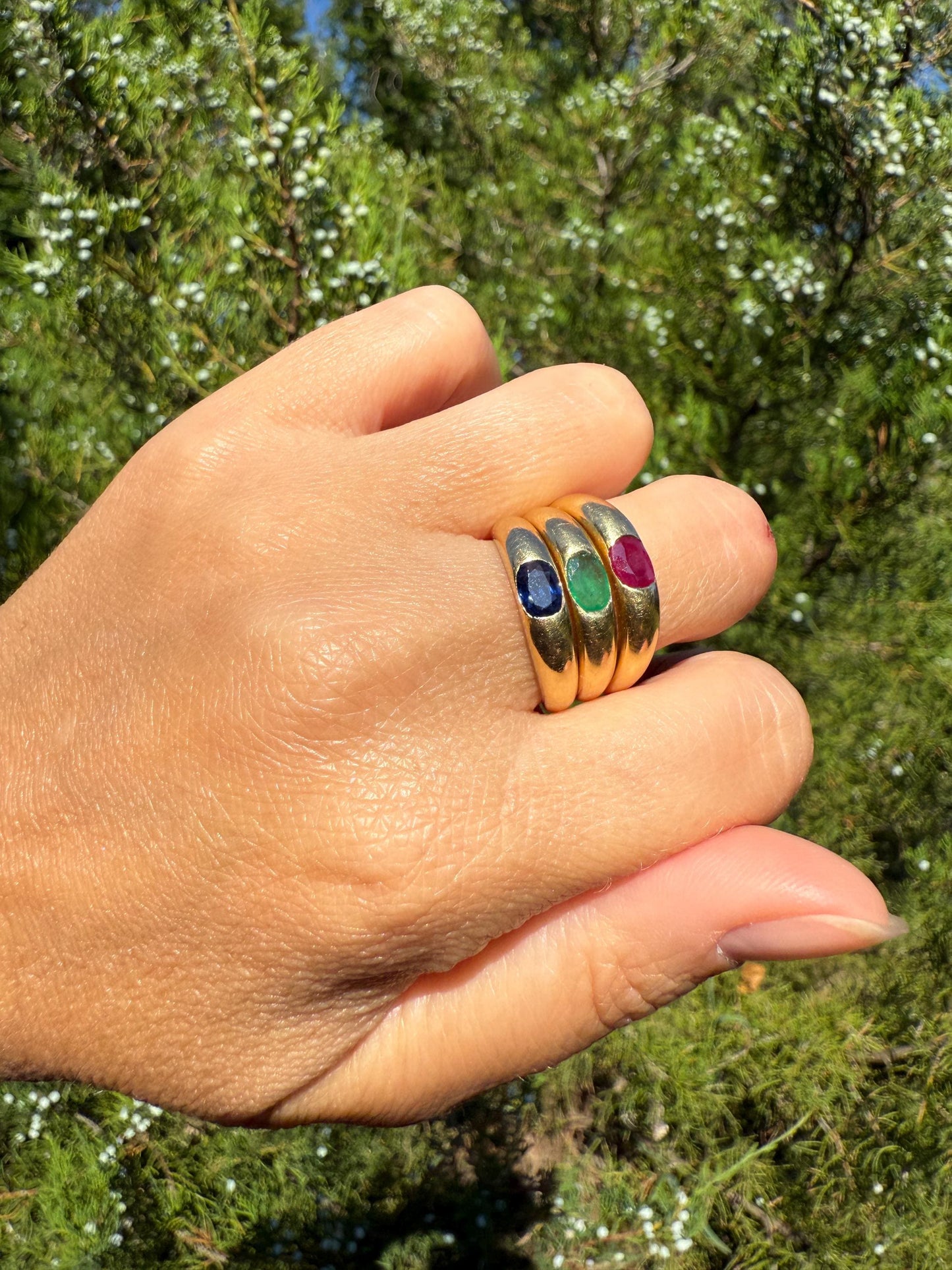 EMERALD Vintage 4.3mm Gypsy Ring 18k Gold French Domed Skinny Band Solitaire Green Stacker East West Oval Line Romantic Gift