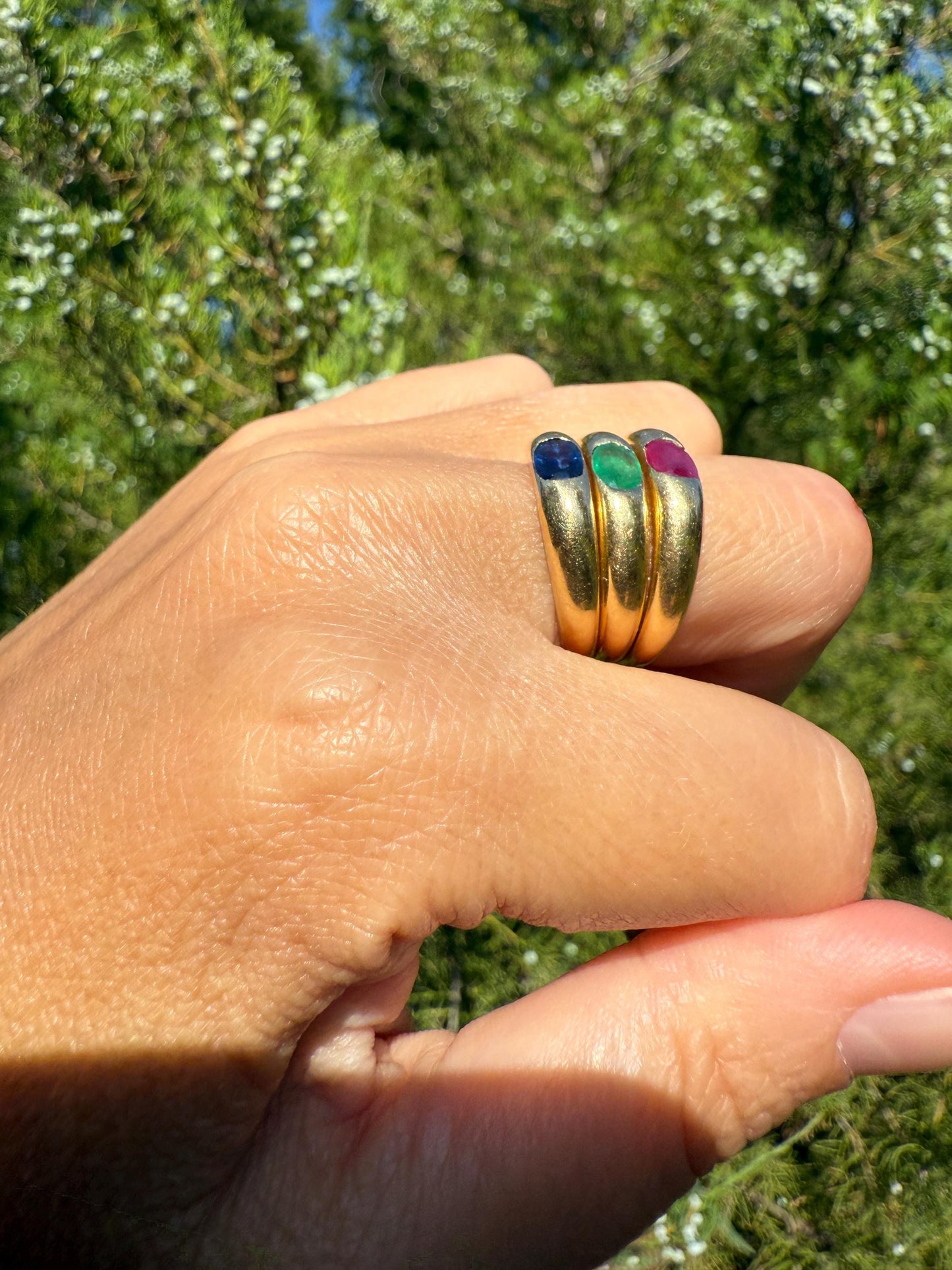 EMERALD Vintage 4.3mm Gypsy Ring 18k Gold French Domed Skinny Band Solitaire Green Stacker East West Oval Line Romantic Gift