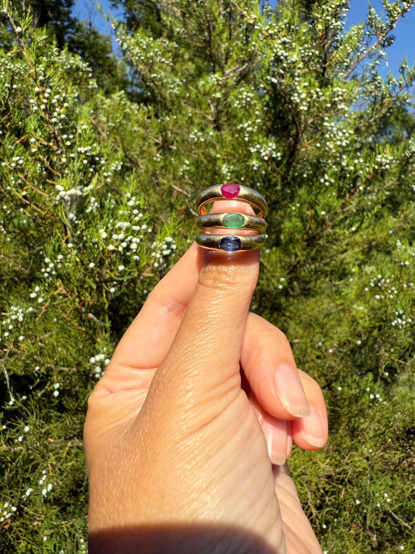 RUBY Vintage 4.3mm Gypsy Ring 18k Gold French Domed Skinny Band Solitaire Red Pink Stacker East West Oval Line Romantic Gift