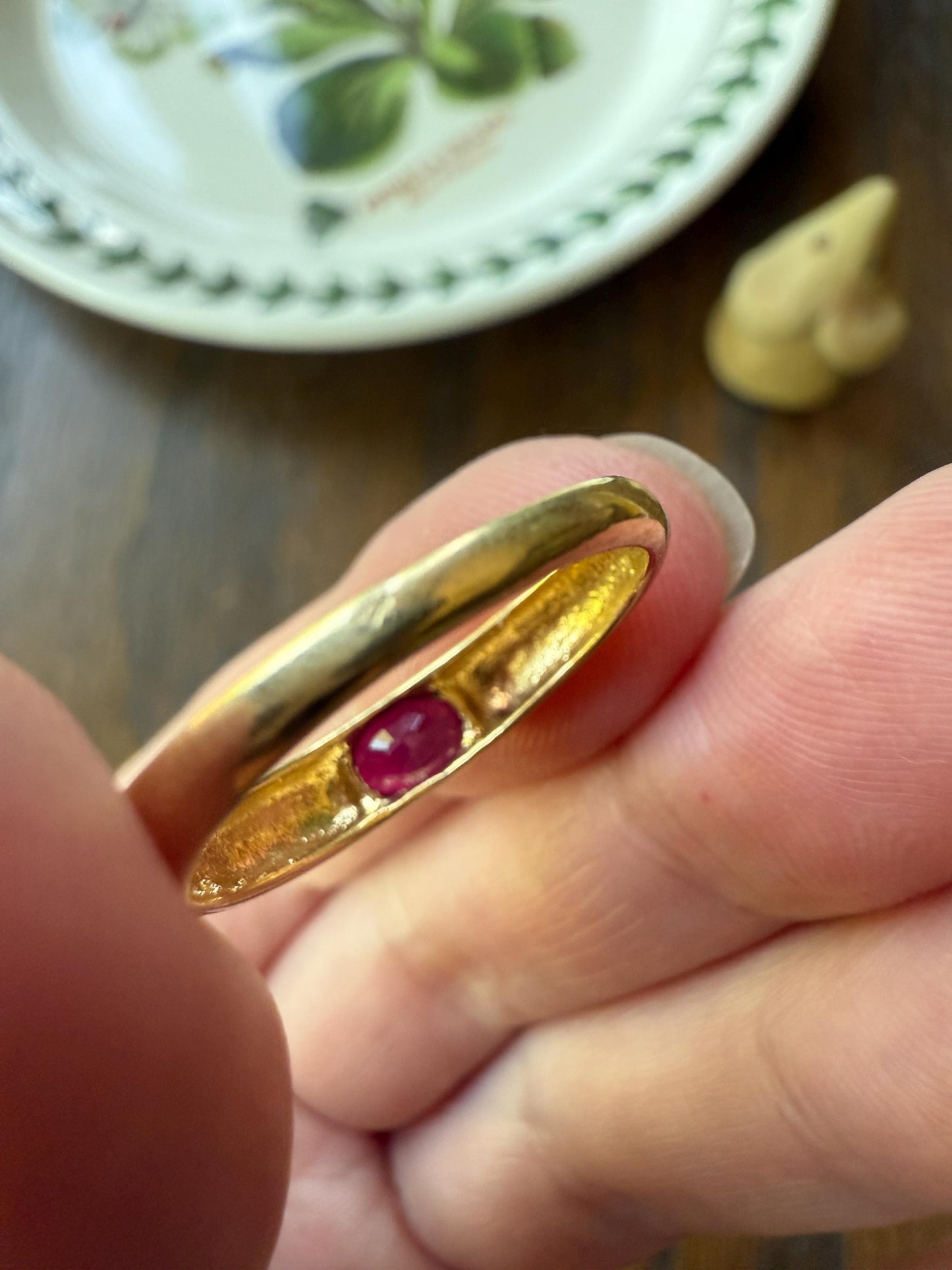 RUBY Vintage 4.3mm Gypsy Ring 18k Gold French Domed Skinny Band Solitaire Red Pink Stacker East West Oval Line Romantic Gift