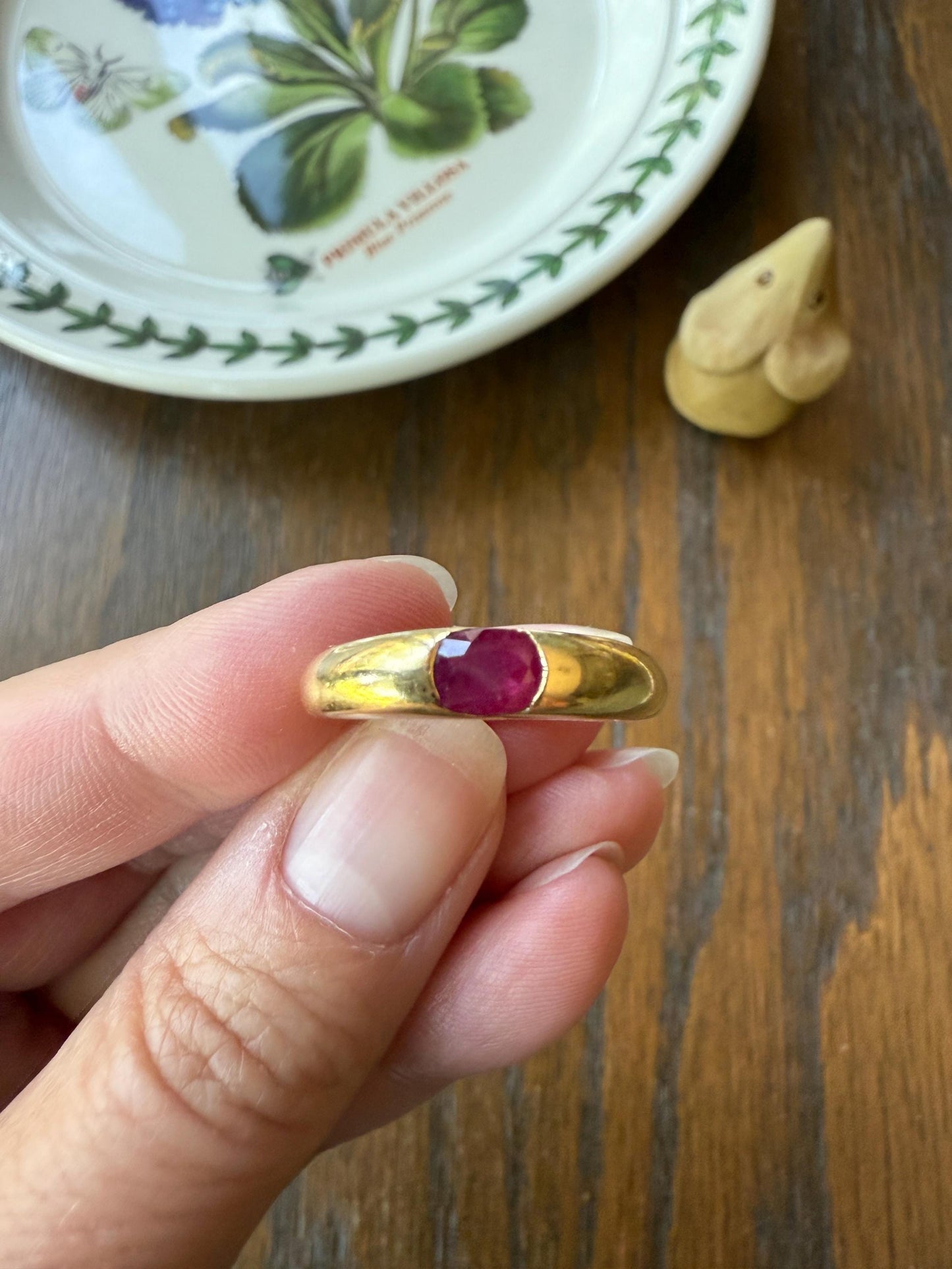 RUBY Vintage 4.3mm Gypsy Ring 18k Gold French Domed Skinny Band Solitaire Red Pink Stacker East West Oval Line Romantic Gift
