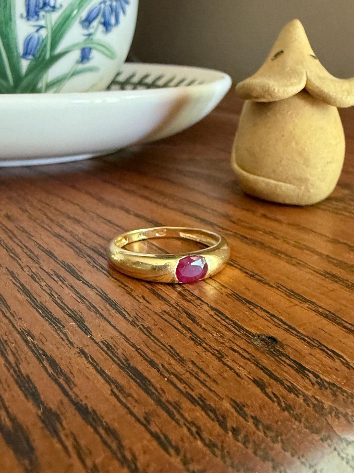RUBY Vintage 4.3mm Gypsy Ring 18k Gold French Domed Skinny Band Solitaire Red Pink Stacker East West Oval