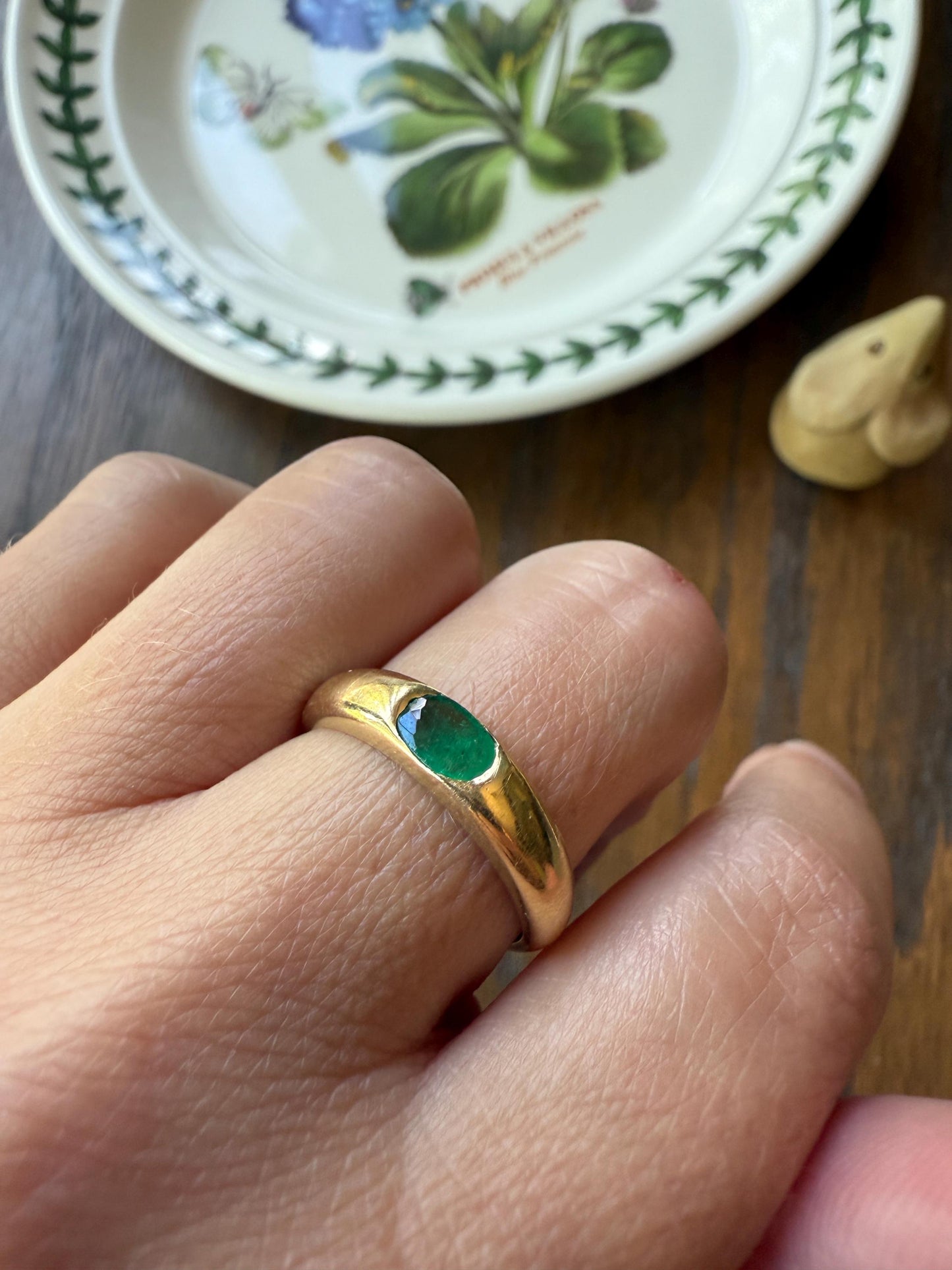 EMERALD Vintage 4.3mm Gypsy Ring 18k Gold French Domed Skinny Band Solitaire Green Stacker East West Oval Line Romantic Gift