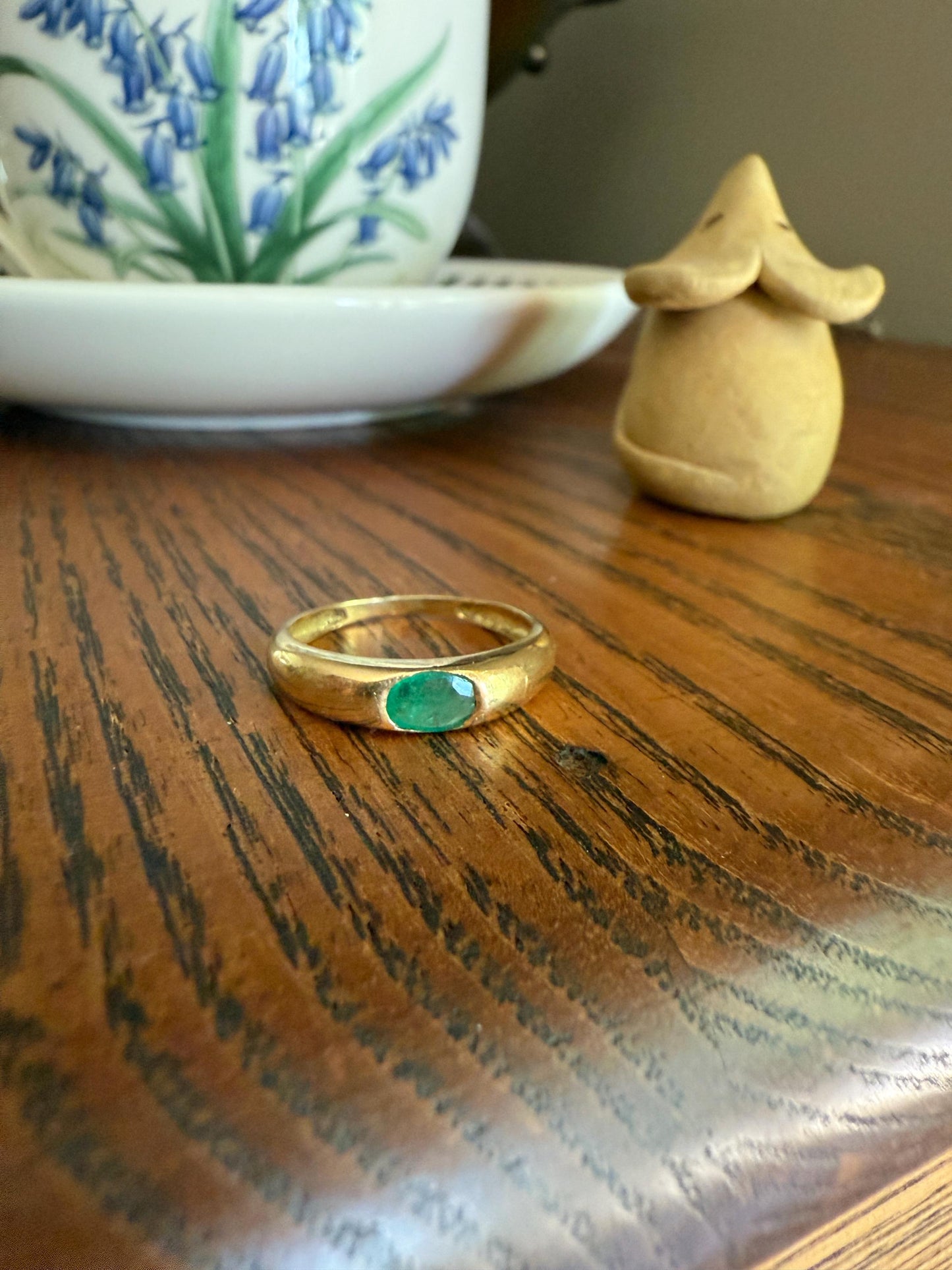 EMERALD Vintage 4.3mm Gypsy Ring 18k Gold French Domed Skinny Band Solitaire Green Stacker East West Oval Line Romantic Gift