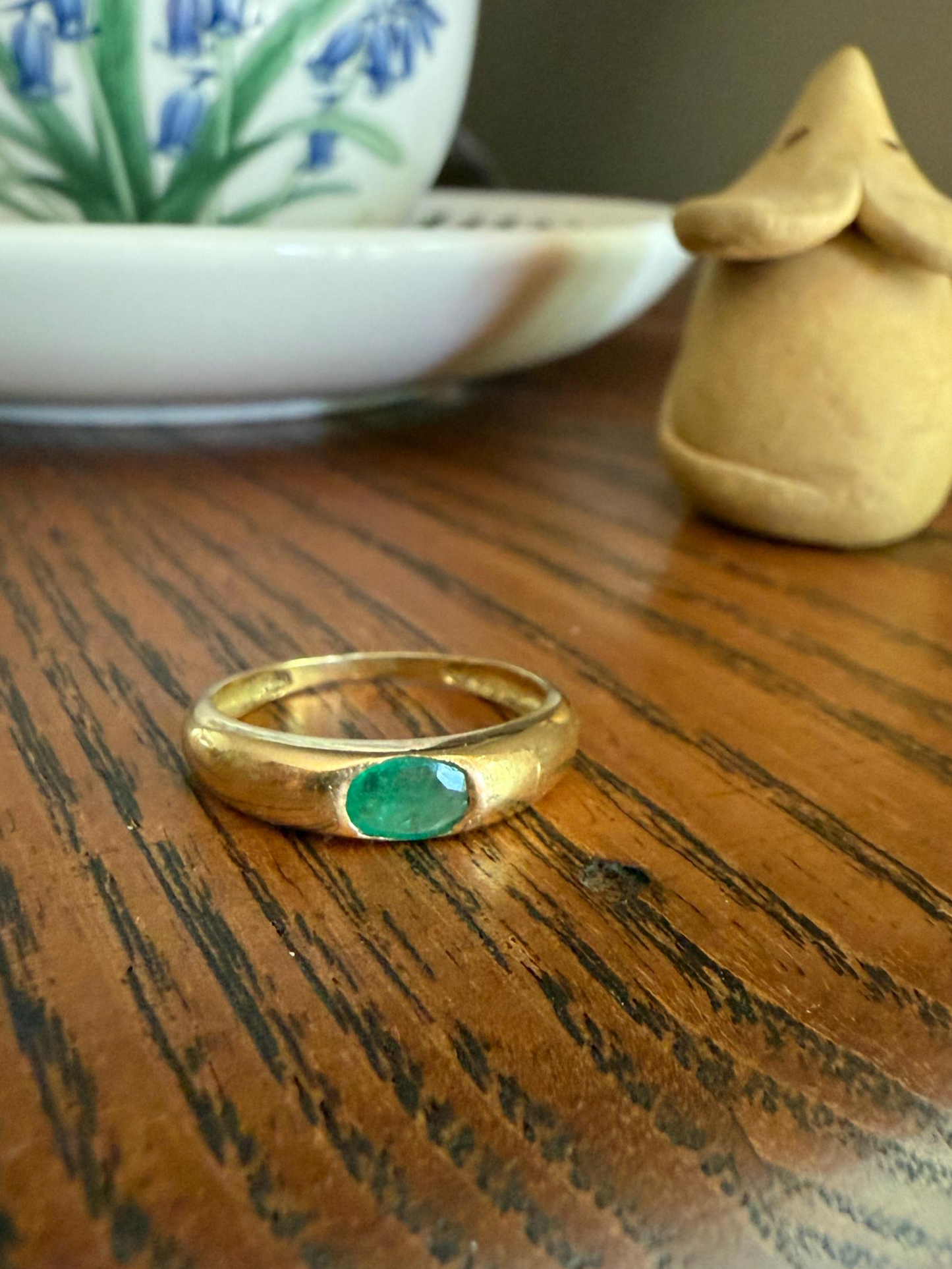 EMERALD Vintage 4.3mm Gypsy Ring 18k Gold French Domed Skinny Band Solitaire Green Stacker East West Oval Line Romantic Gift
