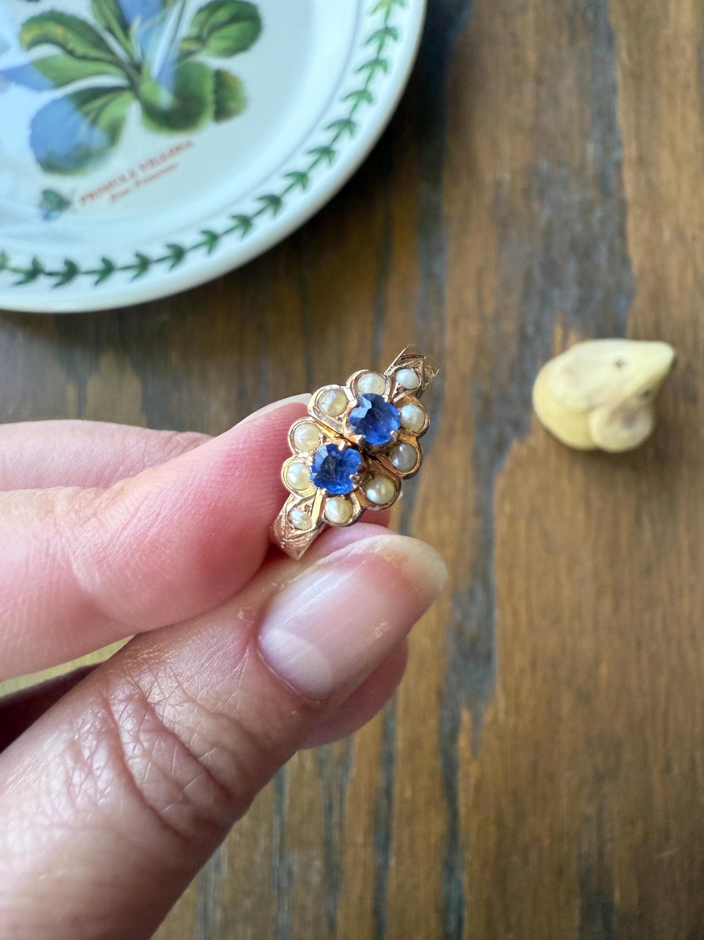 RARE 2 for 1 Convertible RING to EARRINGS Hoops Antique Pearl Faux Sapphire Blue Doublet One of a Kind Edwardian Ooak Stacker Museum Piece