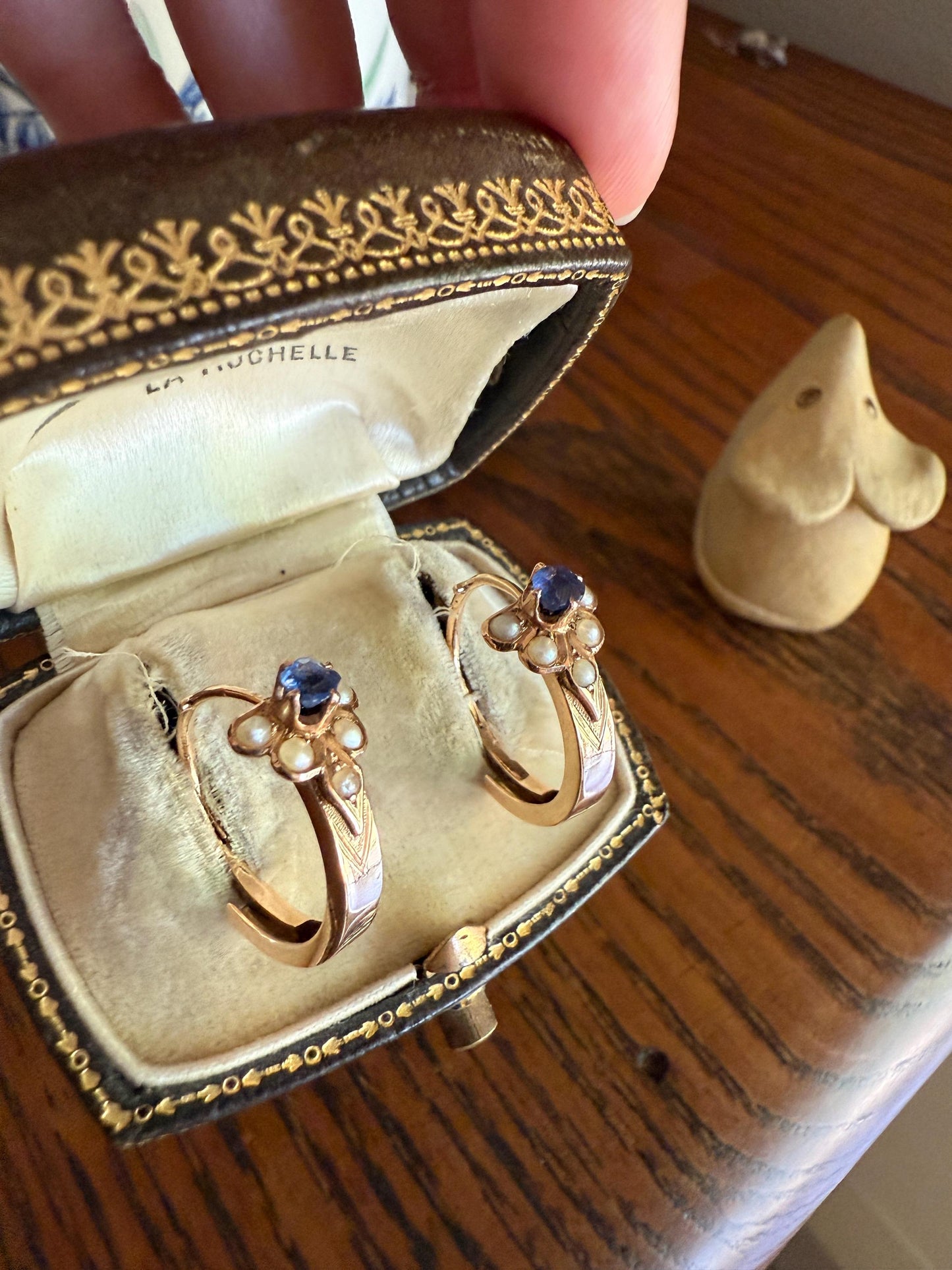 RARE 2 for 1 Convertible RING to EARRINGS Hoops Antique Pearl Faux Sapphire Blue Doublet One of a Kind Edwardian Ooak Stacker Museum Piece