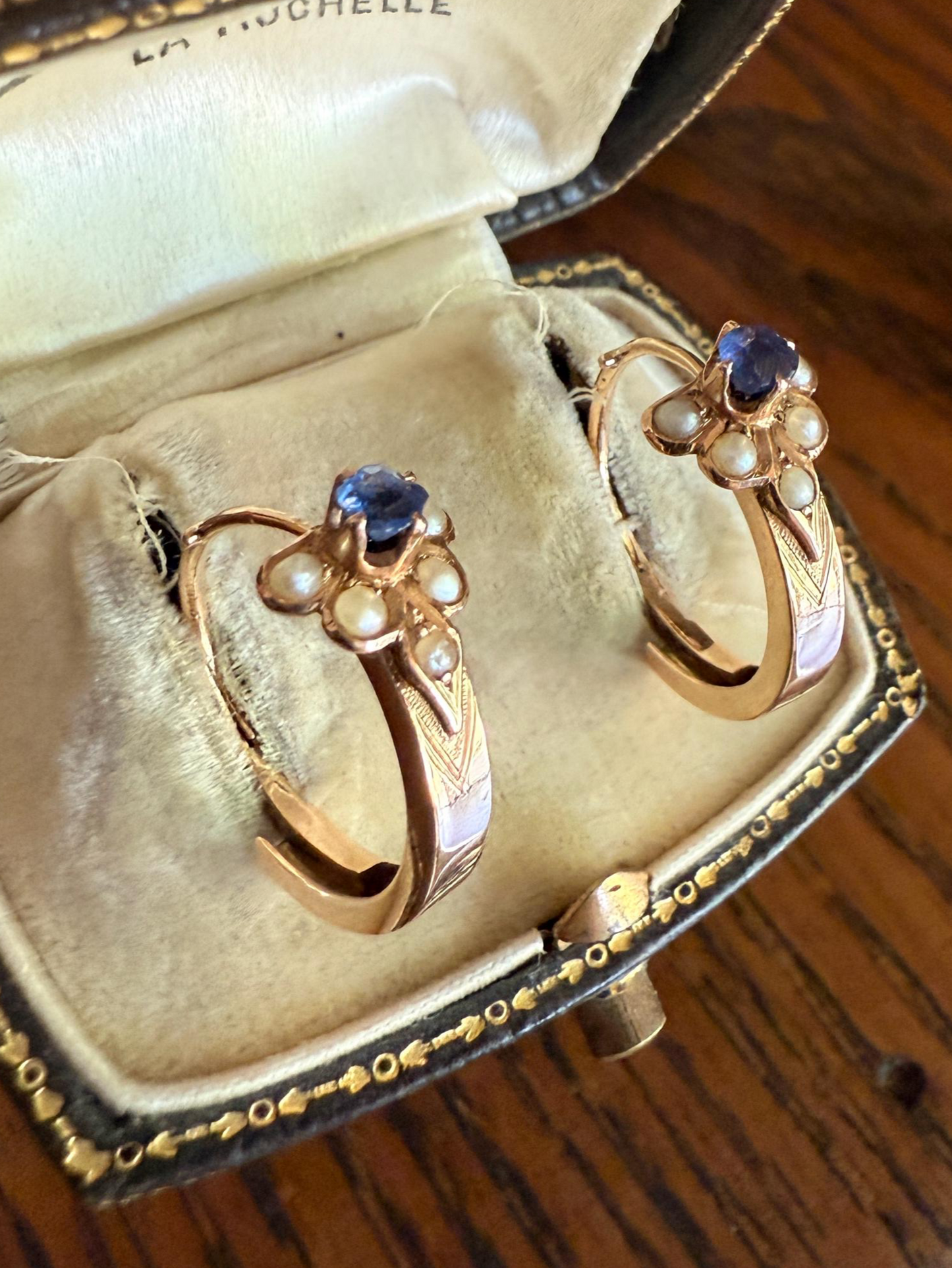 RARE 2 for 1 Convertible RING to EARRINGS Hoops Antique Pearl Faux Sapphire Blue Doublet Ooak Museum Piece