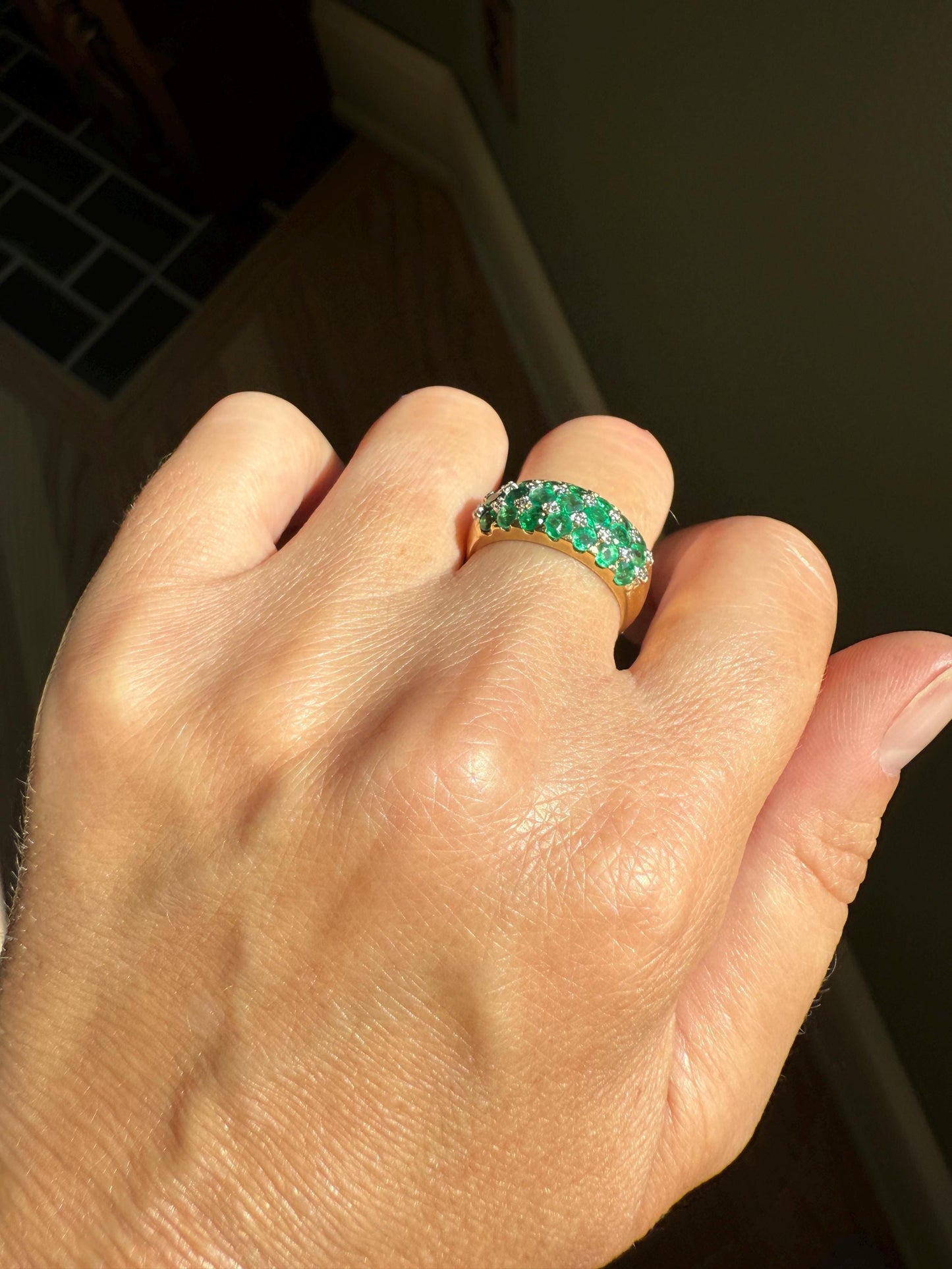 Vintage 1.25 Carat EMERALD DIAMOND 8mm Wide Band Domed Ring 18k Gold French Bombe Row Linear Stacker Green 21 Natural Stone Green Retro Gift