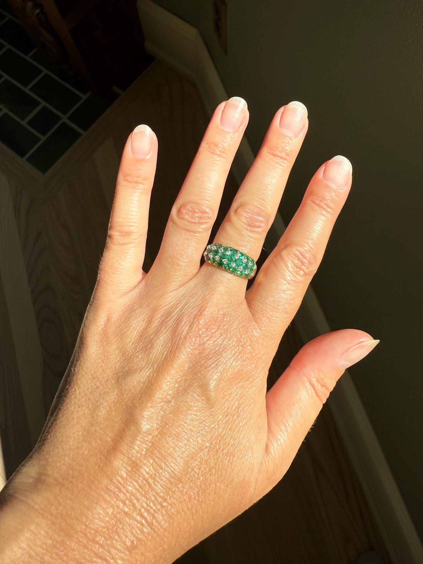 Vintage 1.25 Carat EMERALD DIAMOND 8mm Wide Band Domed Ring 18k Gold French Bombe Row Linear Stacker Green 21 Natural Stone Green Retro Gift