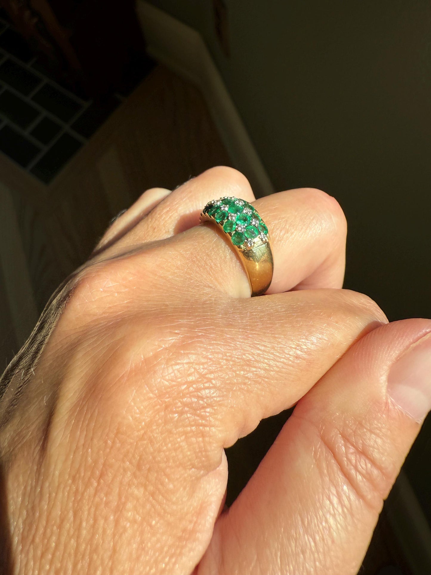 Vintage 1.25 Carat EMERALD DIAMOND 8mm Wide Band Domed Ring 18k Gold French Bombe Row Linear Stacker Green 21 Natural Stone Green Retro Gift
