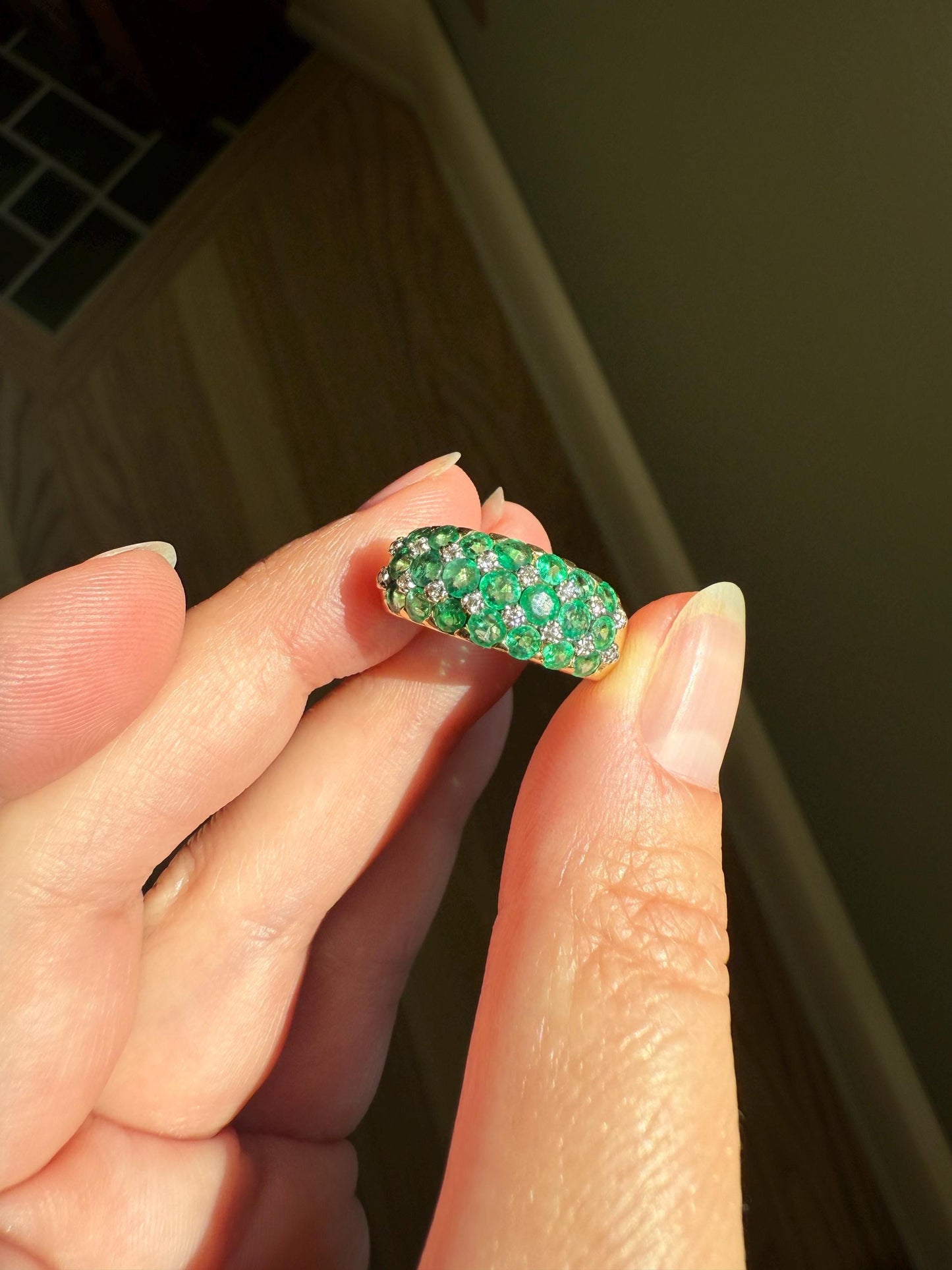 Vintage 1.25 Carat EMERALD DIAMOND 8mm Wide Band Domed Ring 18k Gold French Bombe Row Linear Stacker Green 21 Natural Stone Green Retro Gift