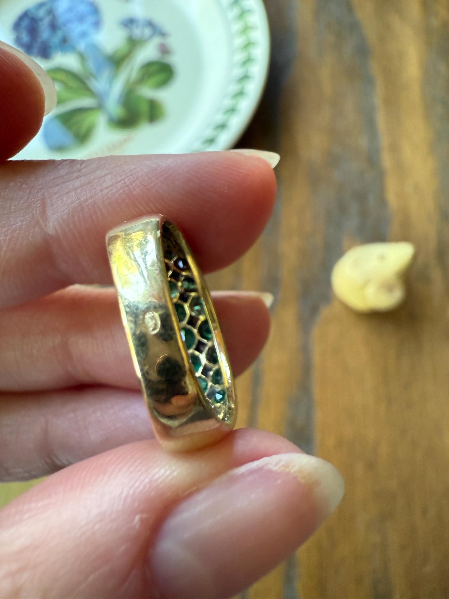 Vintage 1.25 Carat EMERALD DIAMOND 8mm Wide Band Domed Ring 18k Gold French Bombe Row Linear Stacker Green 21 Natural Stone Green Retro Gift