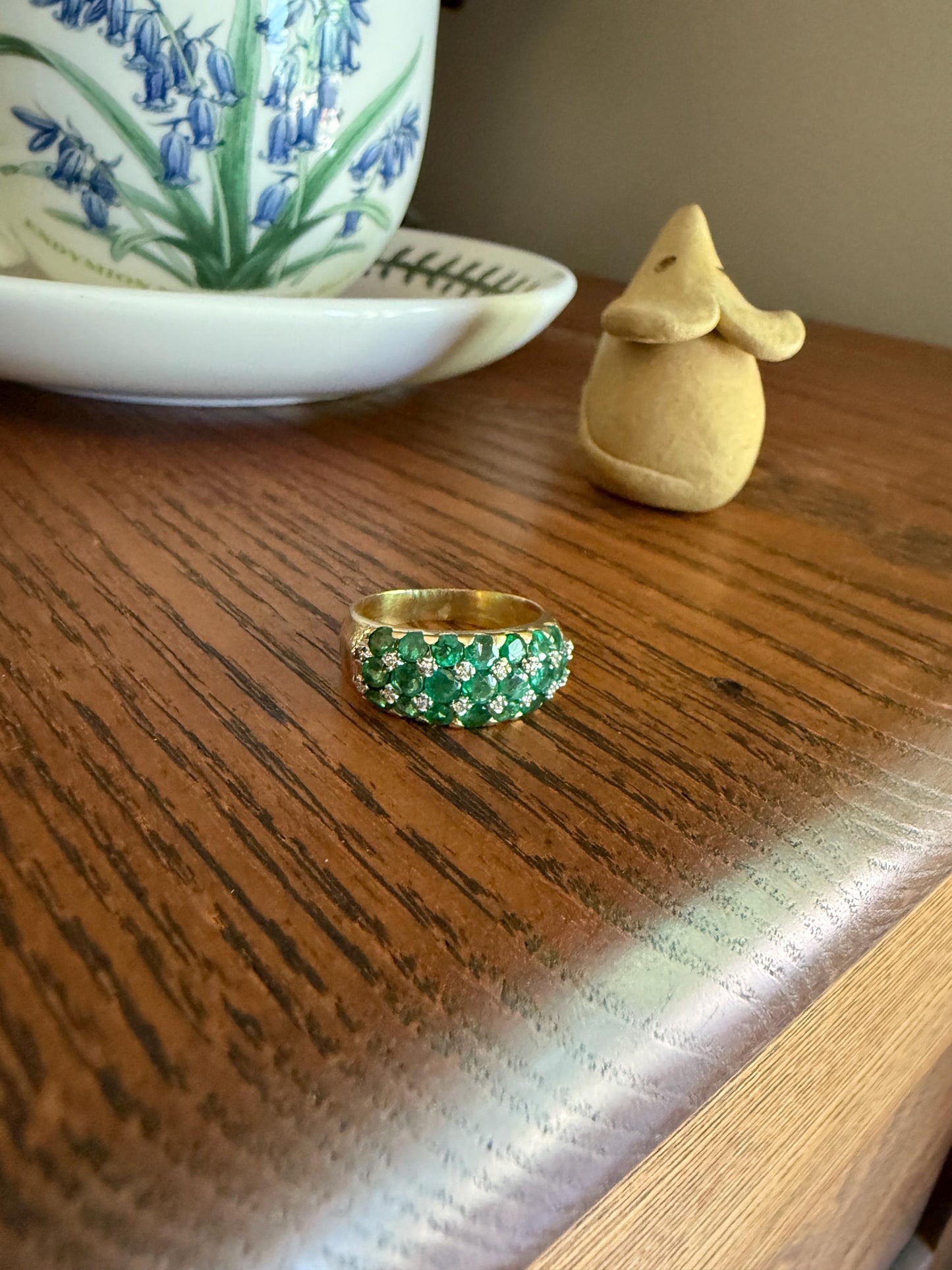 Vintage 1.25 Carat EMERALD DIAMOND 8mm Wide Band Domed Ring 18k Gold French Bombe Row Linear Stacker Green 21 Natural Stone Green Retro Gift