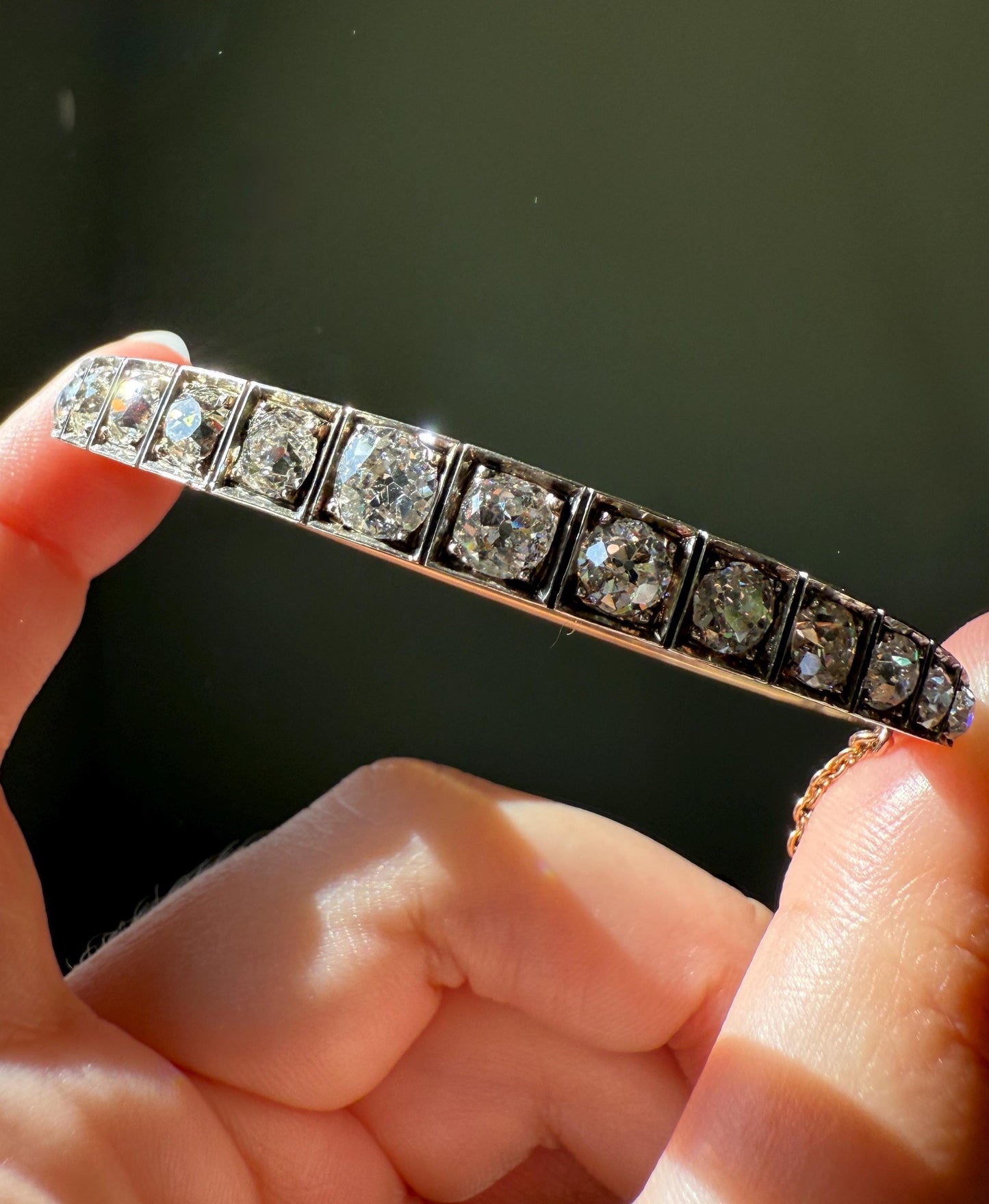 Antique 6.5 CARAT Old Mine Cut DIAMOND Hinged Bangle Line Bracelet 18k Gold Silver Top Edwardian Victorian Wriststack 6.5Ctw OMC Stacker