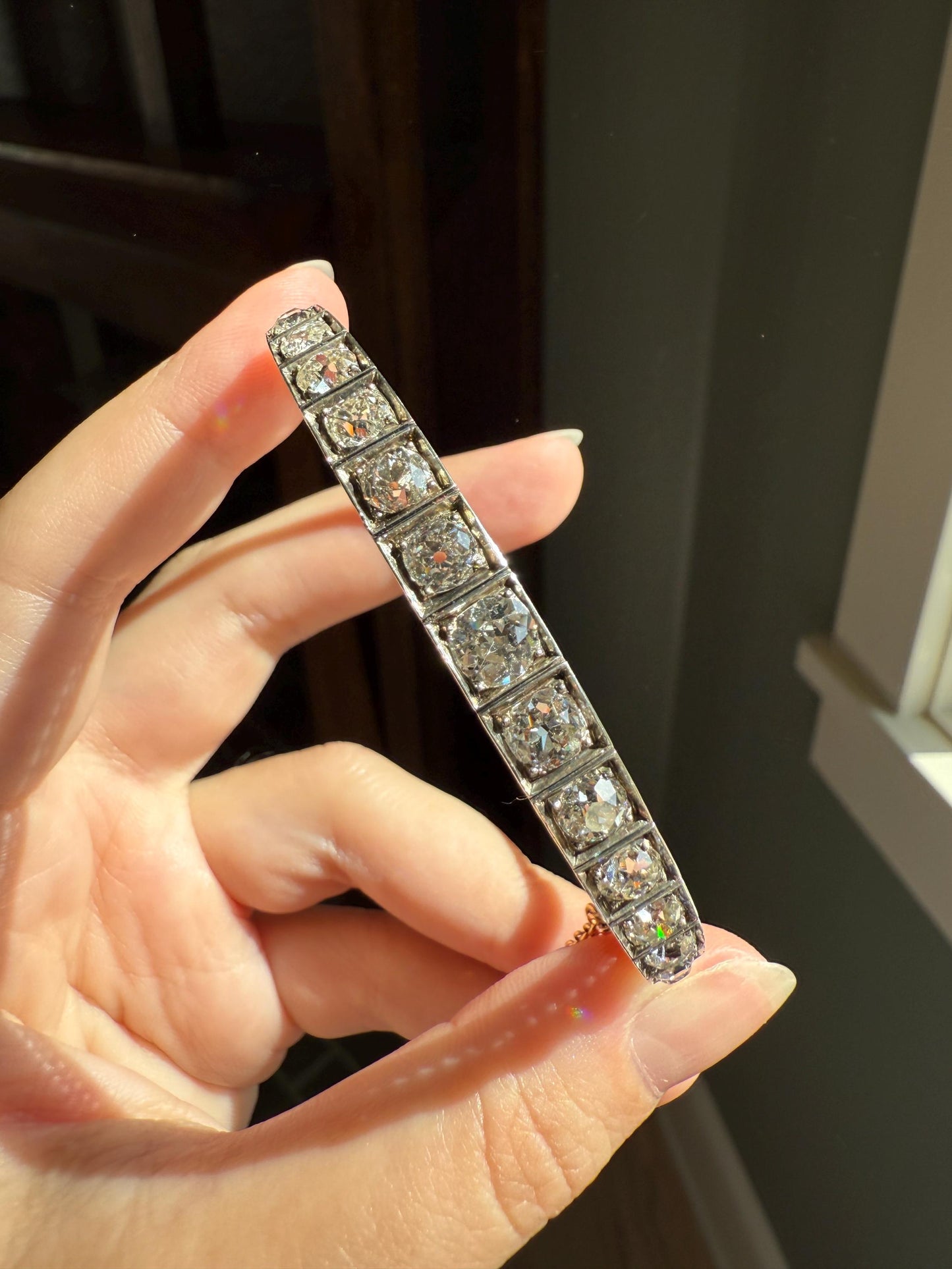 Antique 6.5 CARAT Old Mine Cut DIAMOND Hinged Bangle Line Bracelet 18k Gold Silver Top Edwardian Victorian Wriststack 6.5Ctw OMC Stacker