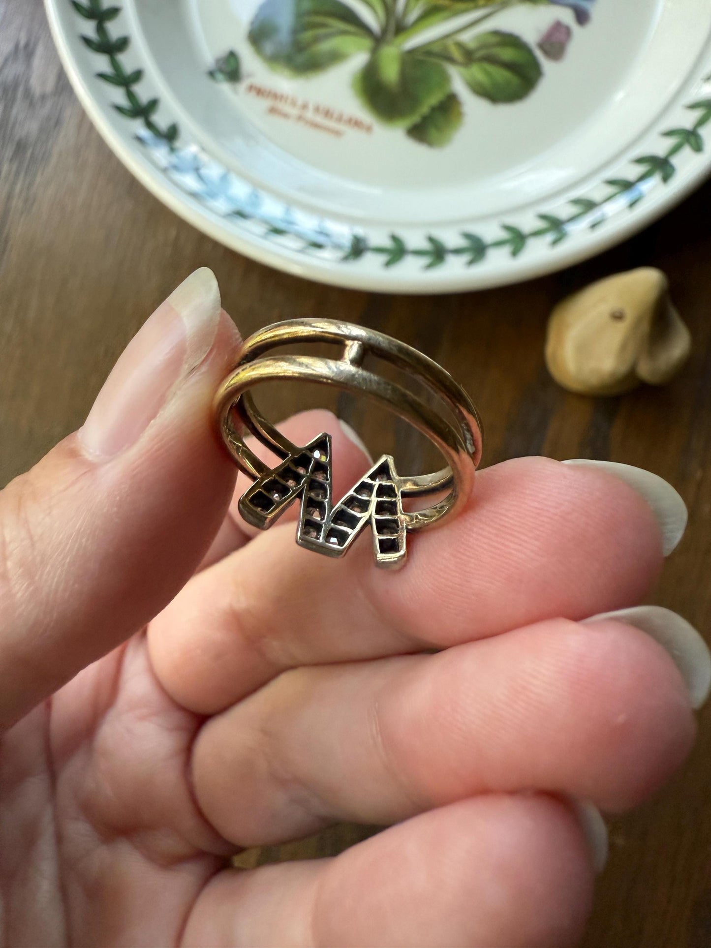Antique INITIAL Ring M W VV 18 Old Mine Cut DIAMOND 18k Gold Ring Wide Double Band Romantic Gift Letter Stacker Monogram