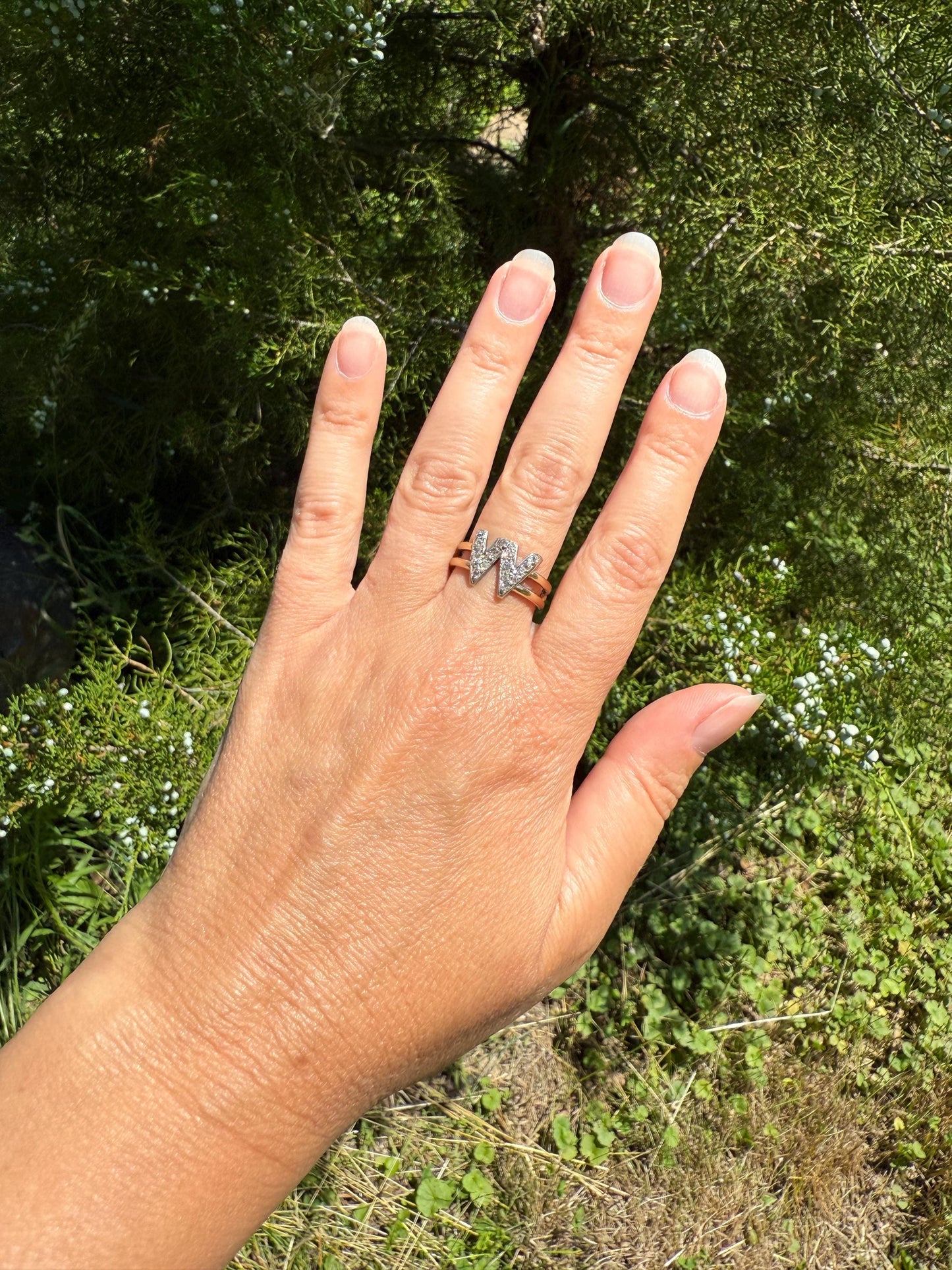 Antique INITIAL Ring M W VV 18 Old Mine Cut DIAMOND 18k Gold Ring Wide Double Band Romantic Gift Letter Stacker Monogram